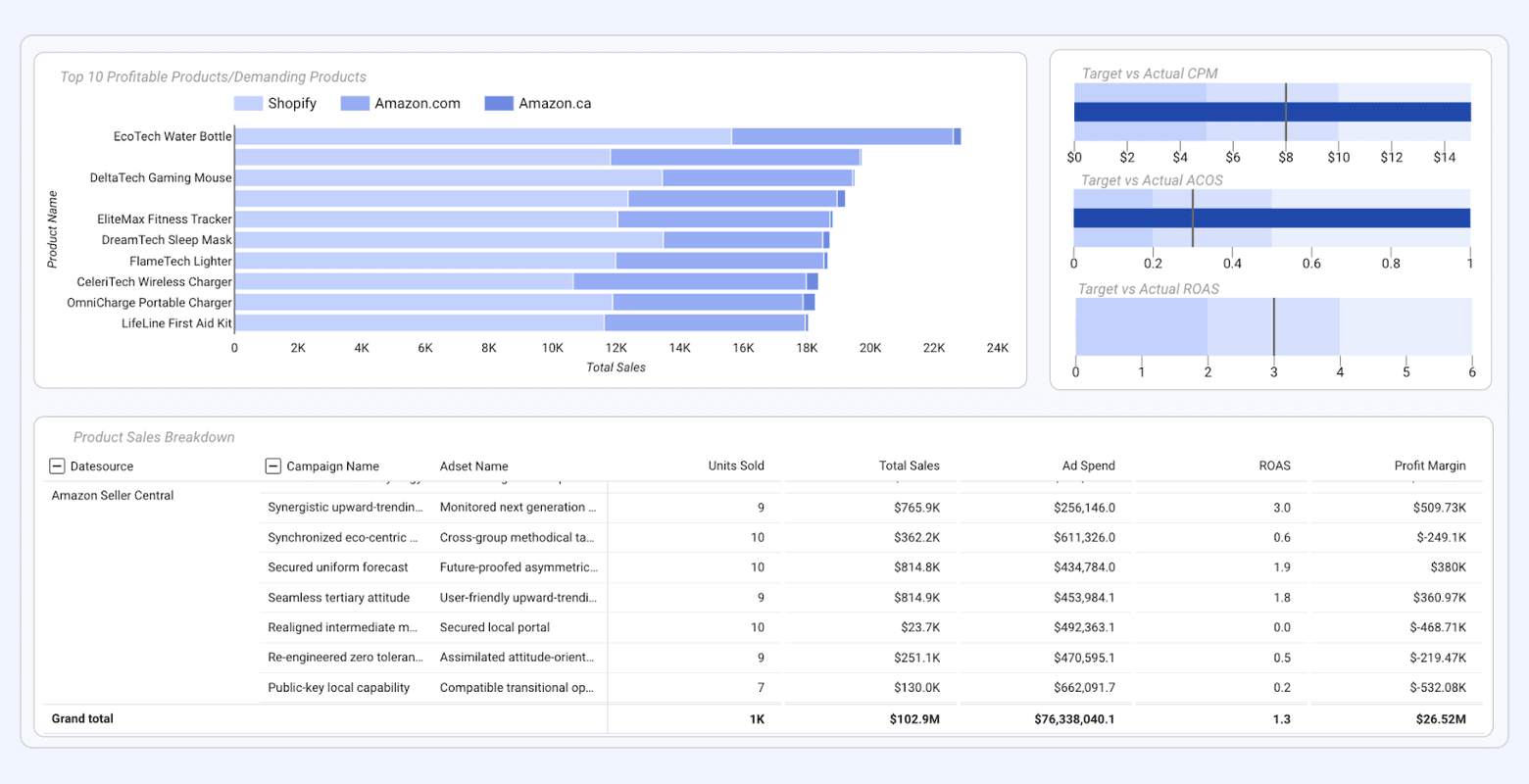 Ecommerce dashboard showing top products by sales across Shopify and Amazon, with target vs actual CPM, ACOS, ROAS, and profit metrics.