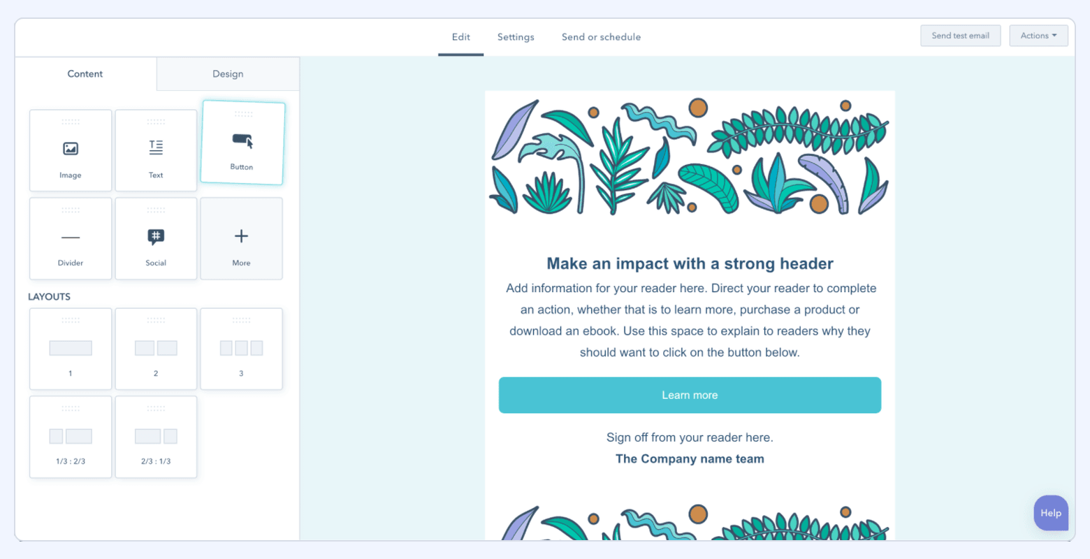 HubSpot email editor showing a drag-and-drop builder with content blocks and a preview of an email template with a call-to-action button.