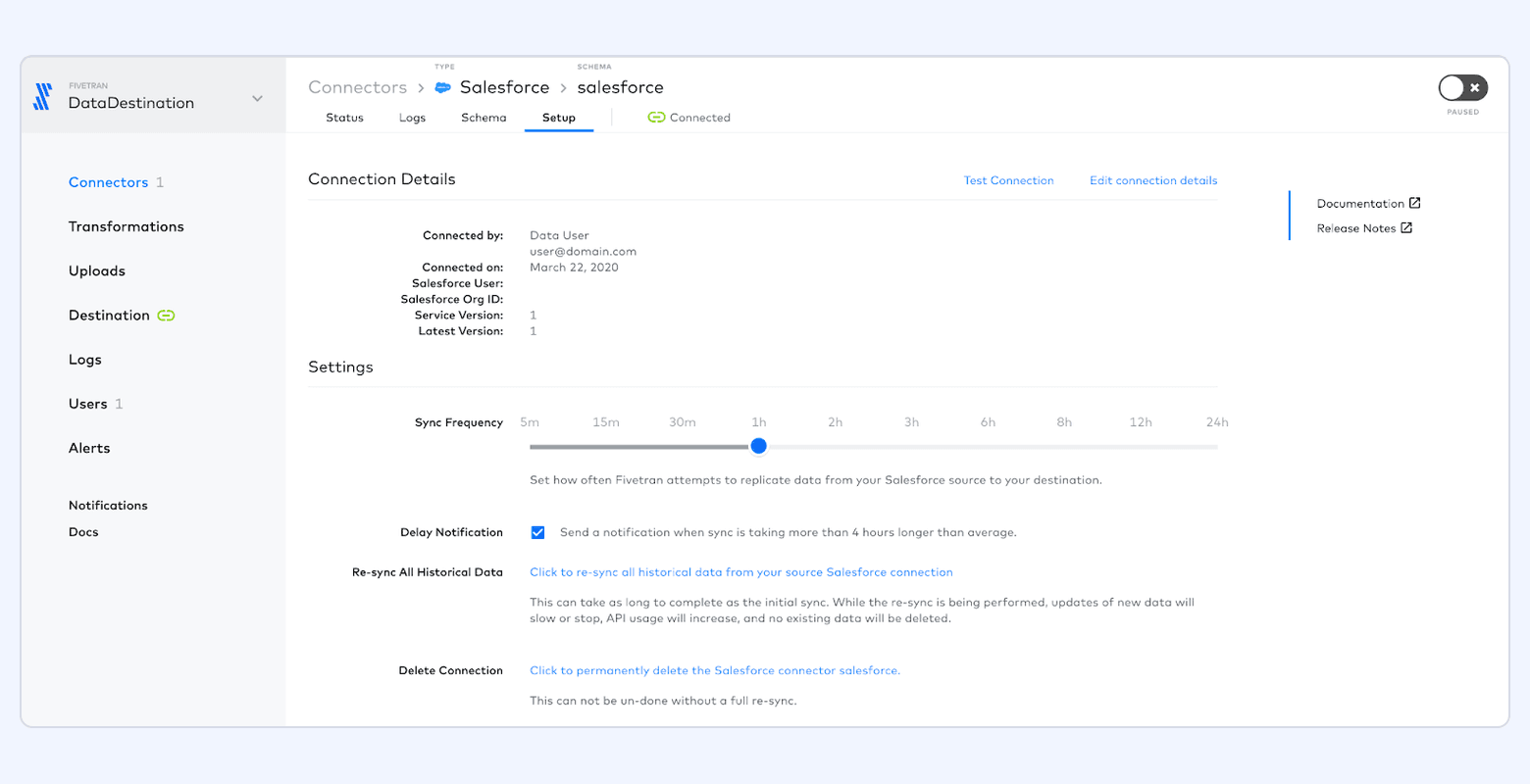 Fivetran connector setup screen for Salesforce showing connection details, sync frequency options, notifications, and re-sync controls.