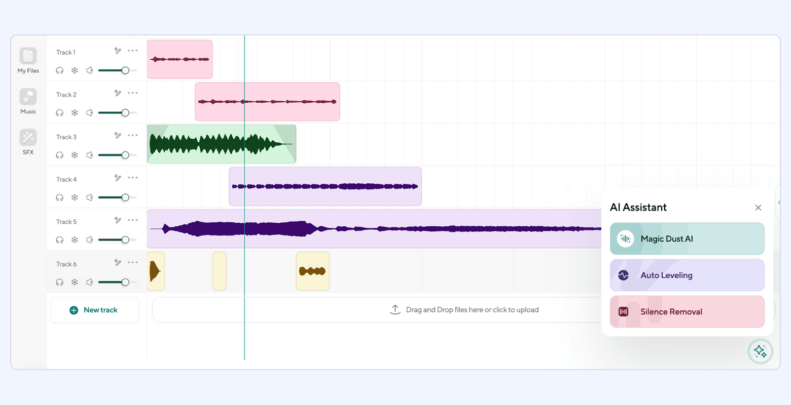 Async (Podcastle) audio editor showing a multitrack timeline and an AI assistant panel with noise reduction, auto leveling, and silence removal tools.