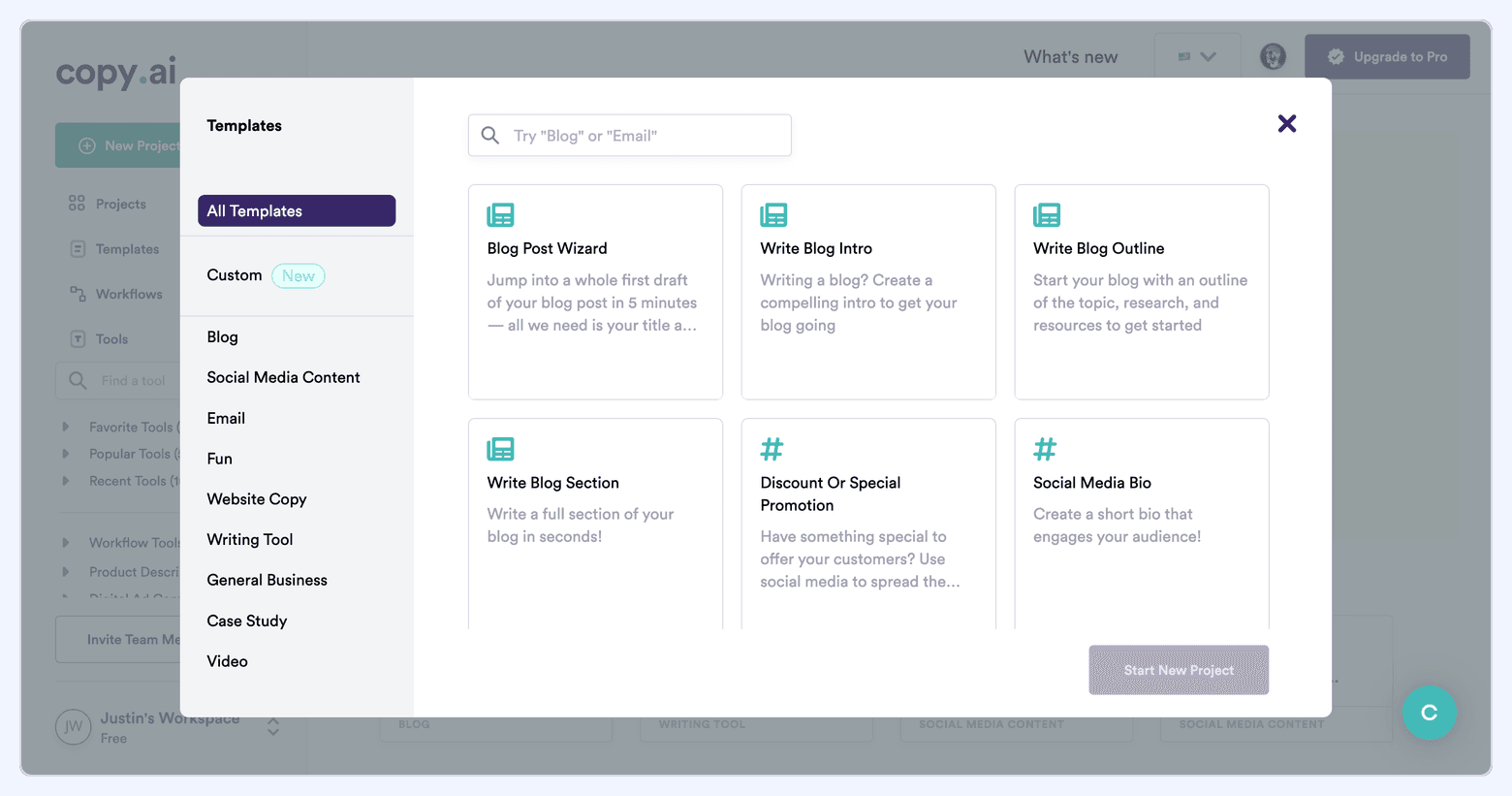 Copy.ai templates library screen showing content templates such as blog post wizard, blog intro, blog outline, and social media bio.