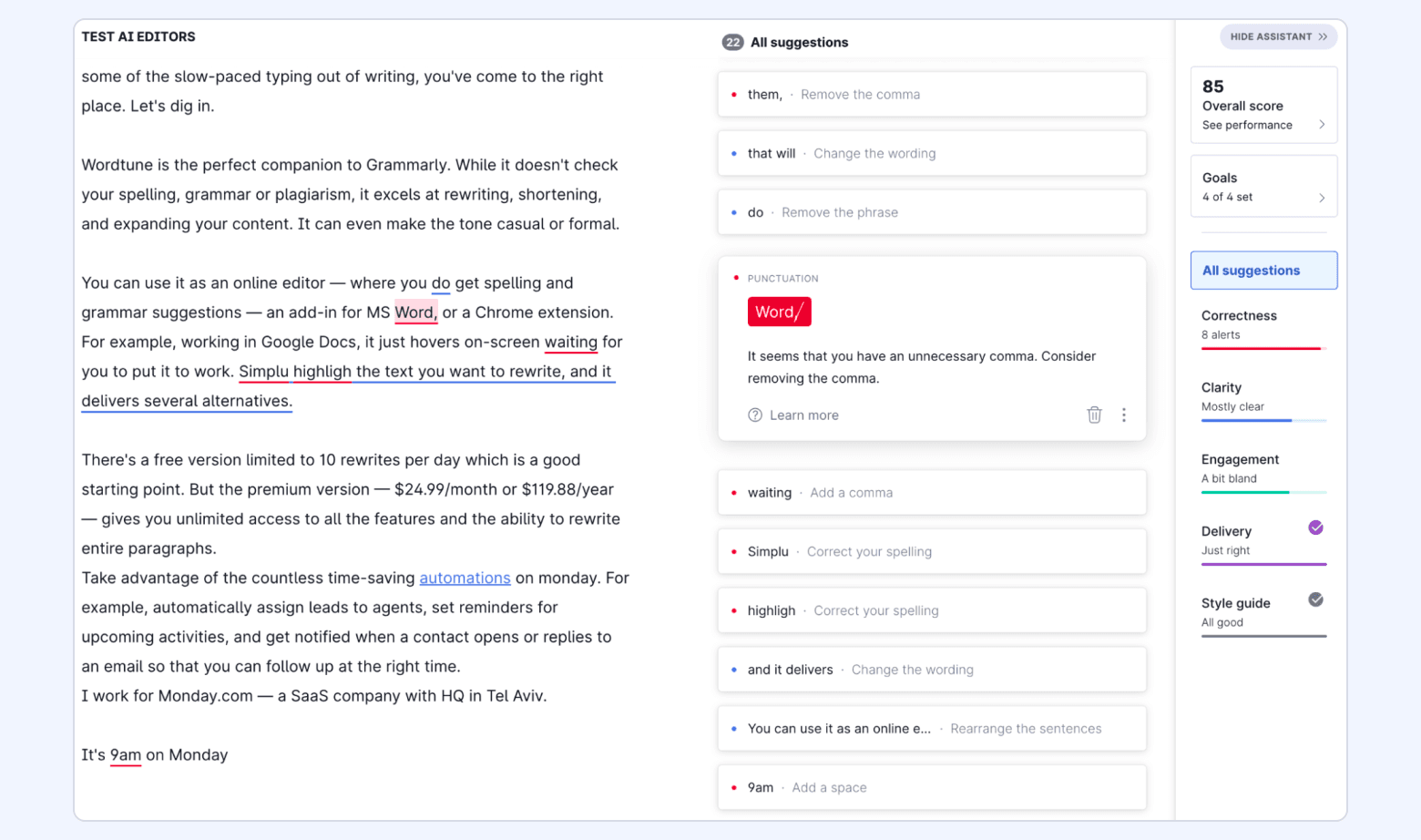 Grammarly editor screenshot showing writing suggestions, punctuation and wording recommendations, and an overall writing score panel.