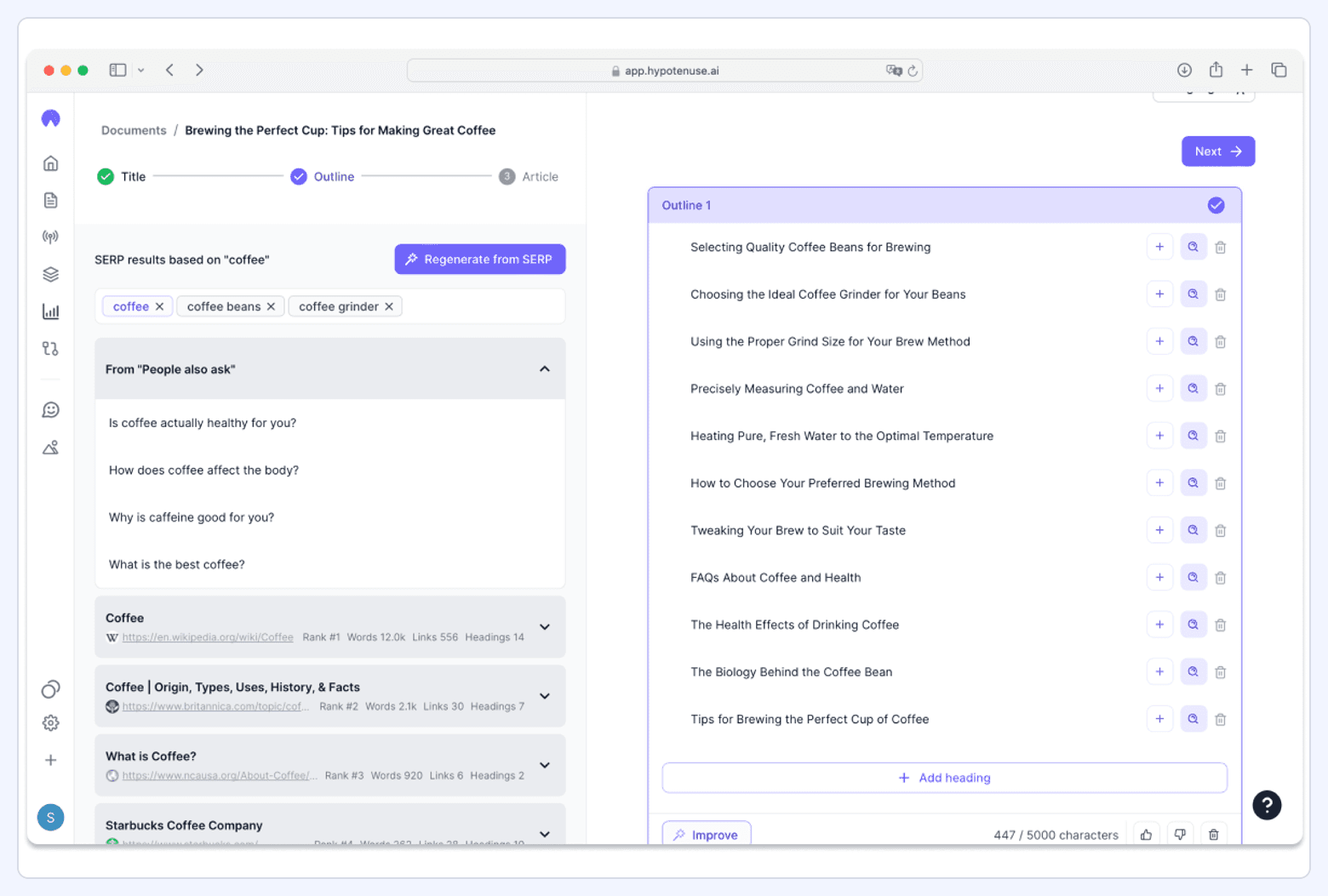 Hypotenuse AI editor showing SERP-based topic research and a generated article outline with headings and sections.