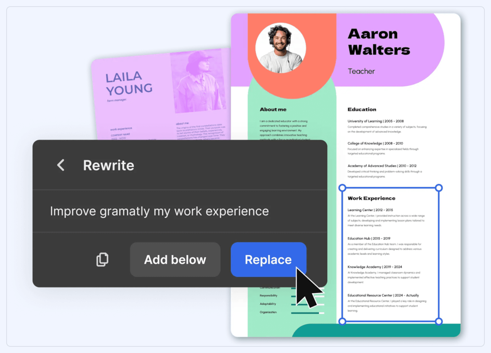 Freepik AI Text Generator “Rewrite” interface showing a prompt and options to add text below or replace existing text in a document.