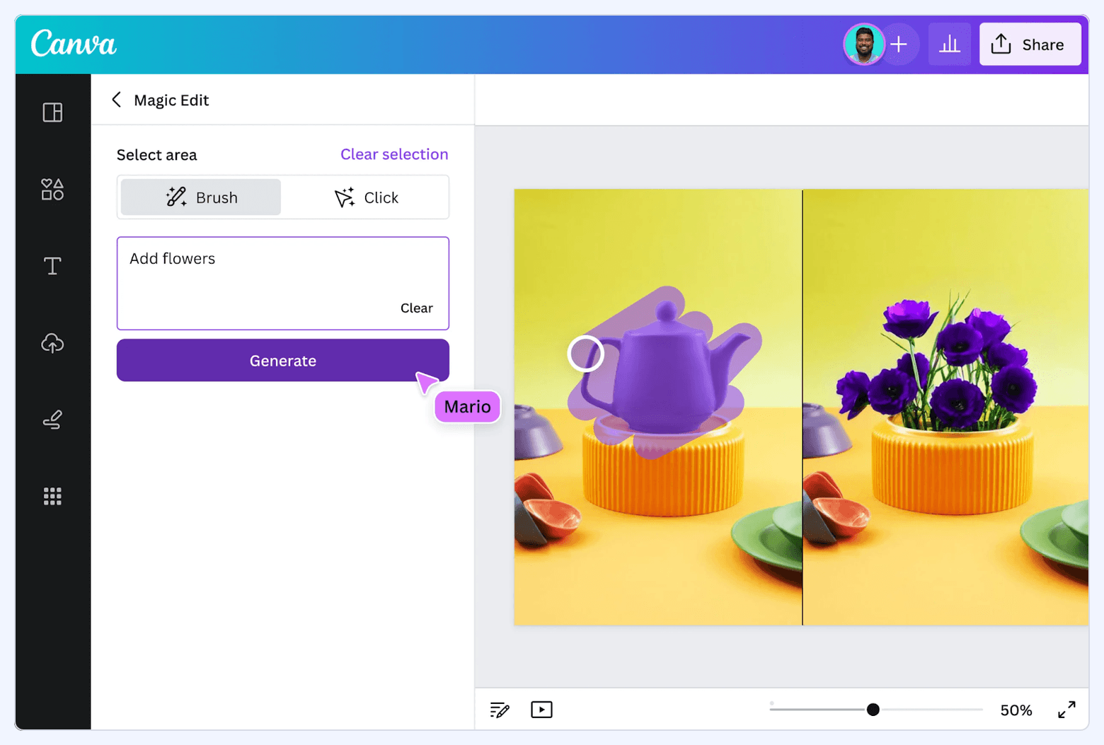 Canva AI Magic Edit interface showing a selected object and a text prompt, with a before-and-after image edit preview.