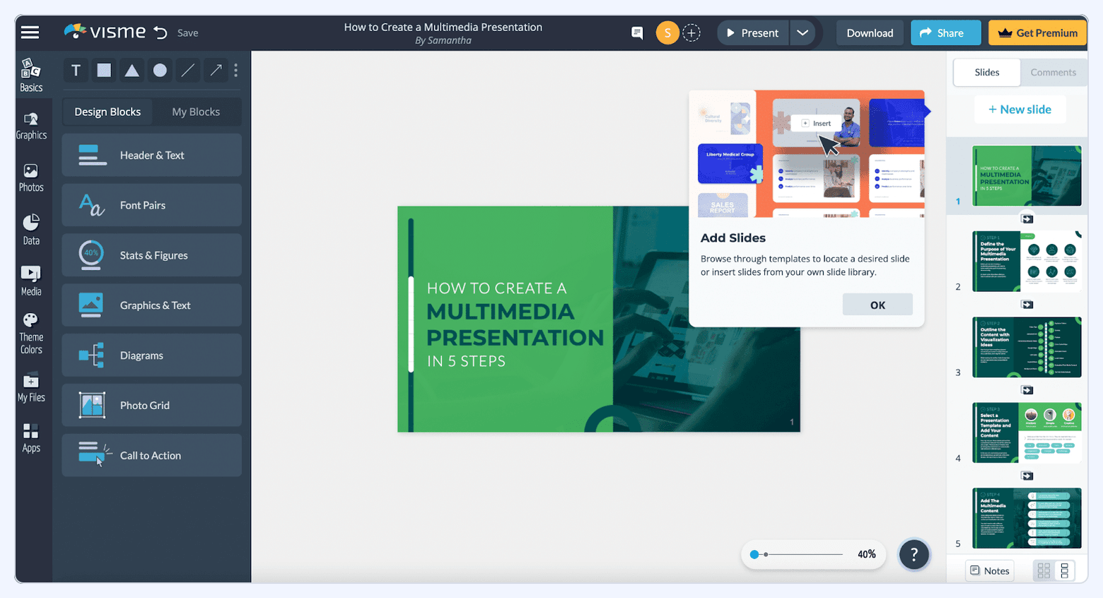 Visme presentation editor screenshot showing a slide canvas, design blocks, and slide thumbnails in a multimedia presentation builder.