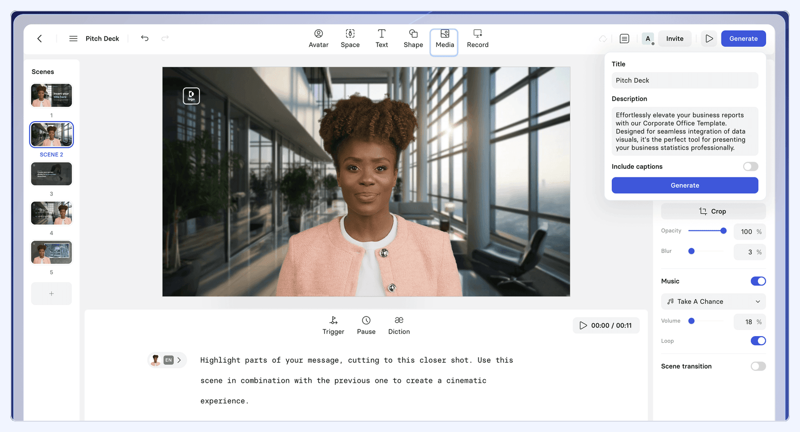 Synthesia video editor interface showing an AI avatar preview, scene timeline, and controls for generating a marketing video.