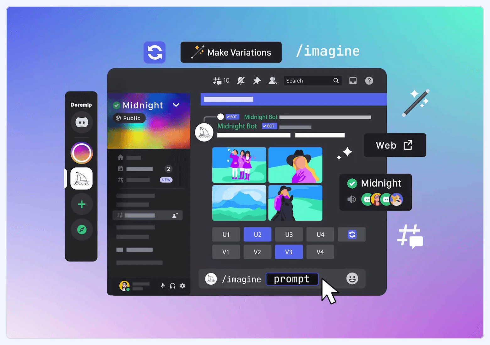 Midjourney interface in Discord showing the /imagine prompt, image variations, and controls for generating AI images.
