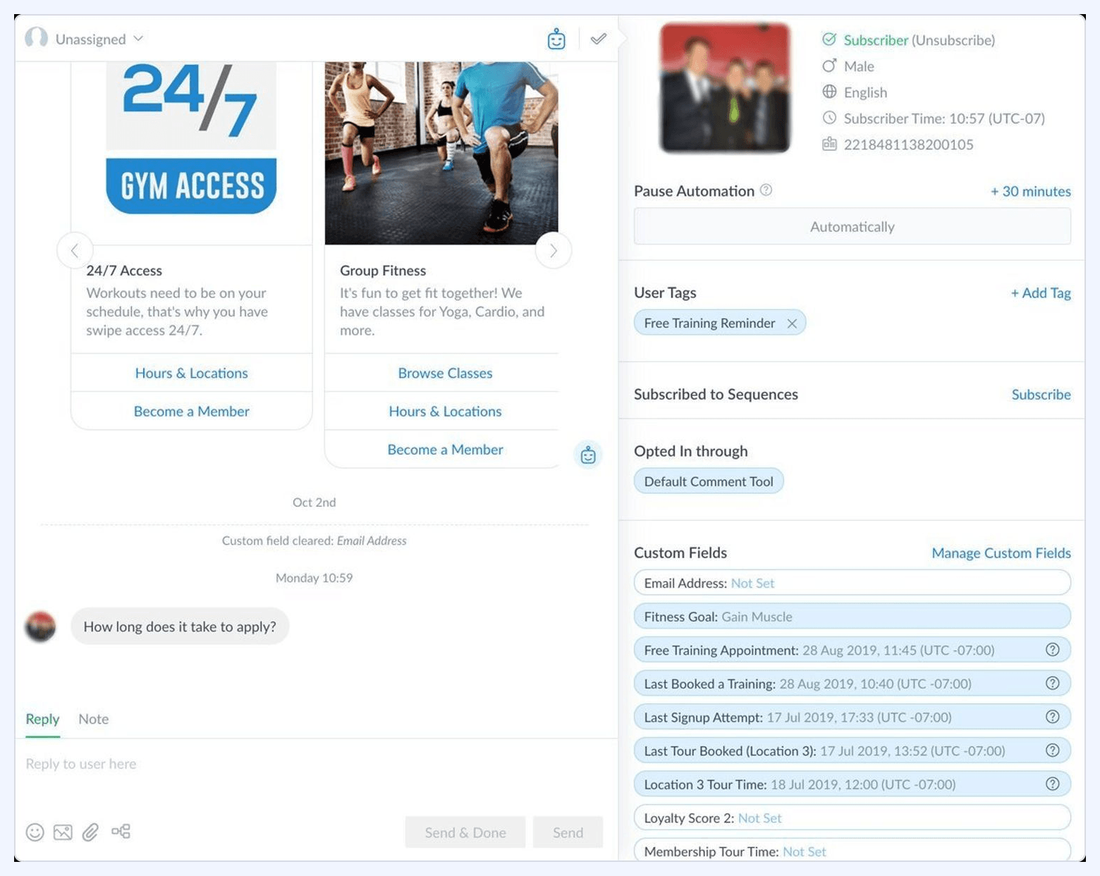 ManyChat interface showing a Messenger chat flow, subscriber profile details, user tags, and custom fields for chat marketing automation.