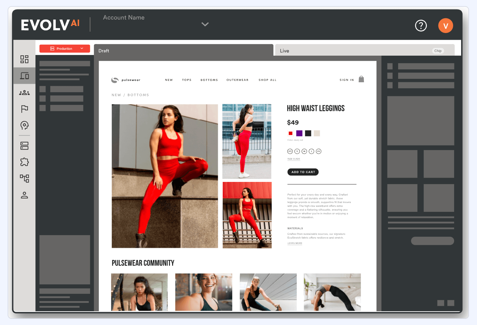 Evolv AI interface showing an ecommerce product page in an experimentation editor with draft and live views.