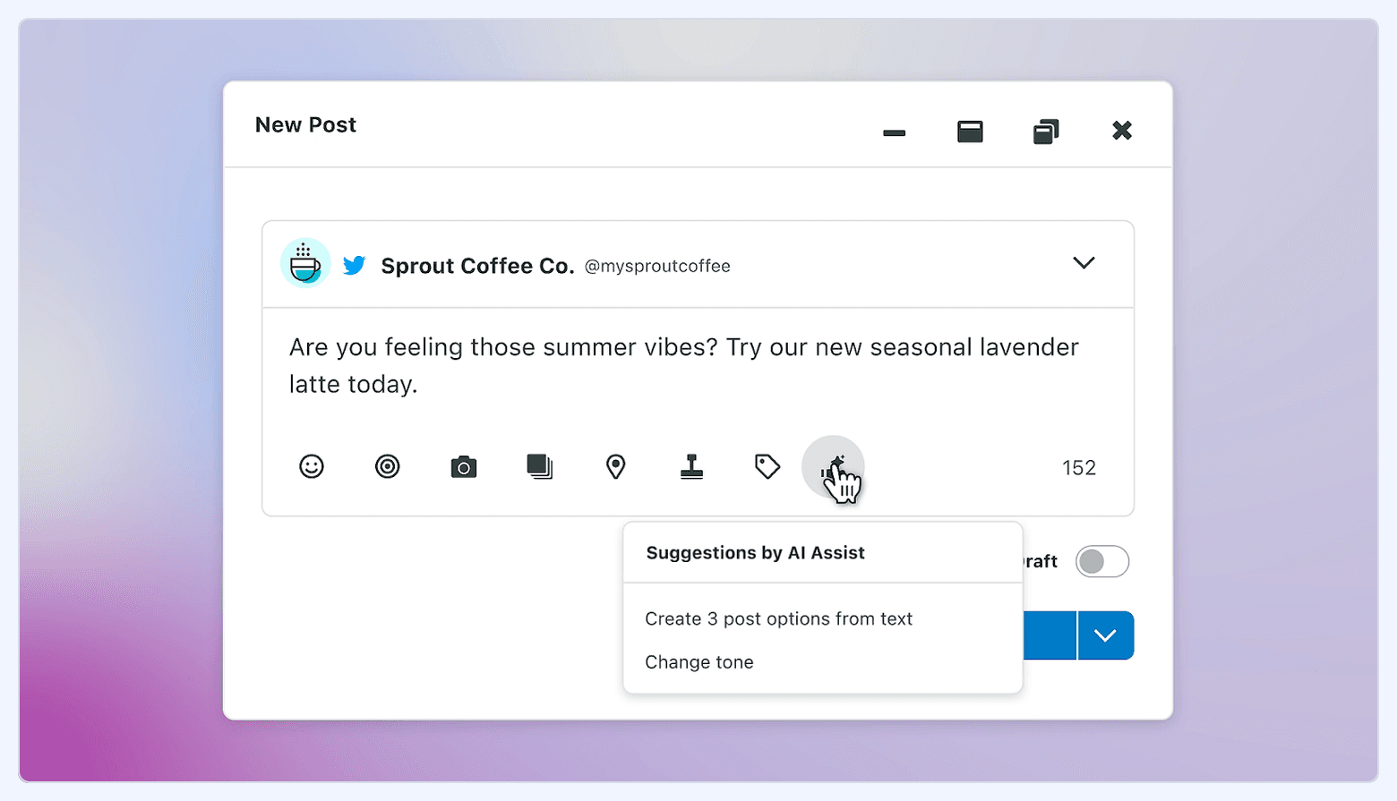 Sprout Social “New Post” composer showing AI Assist suggestions such as generating post options from text and changing tone.