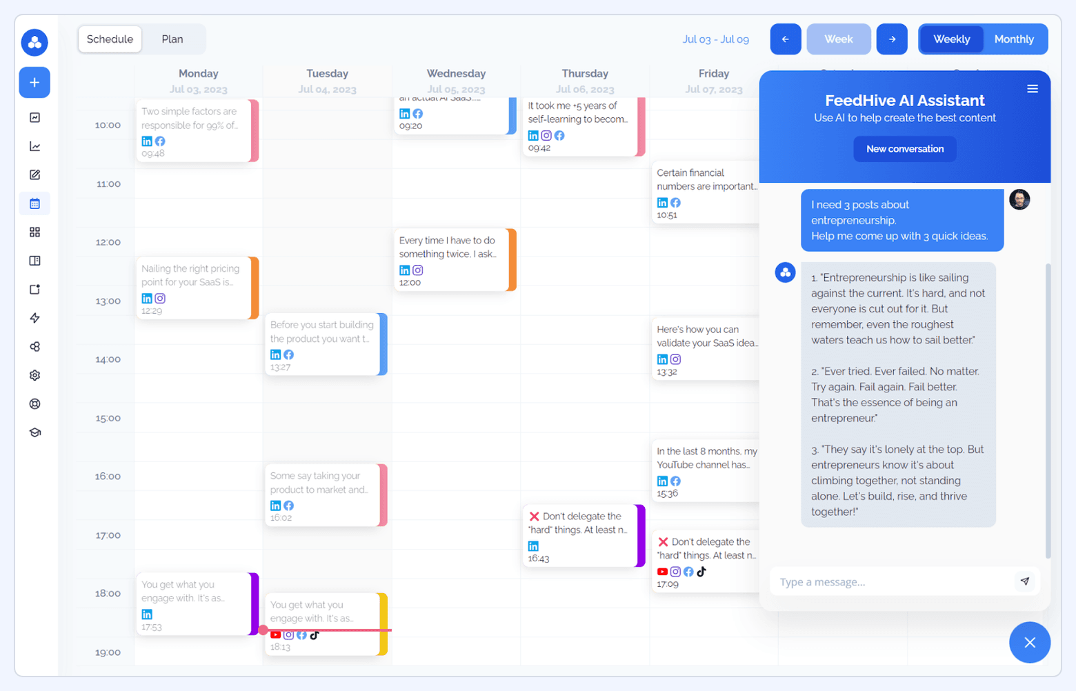 FeedHive scheduling calendar showing planned social posts alongside an AI assistant chat generating content ideas and captions.
