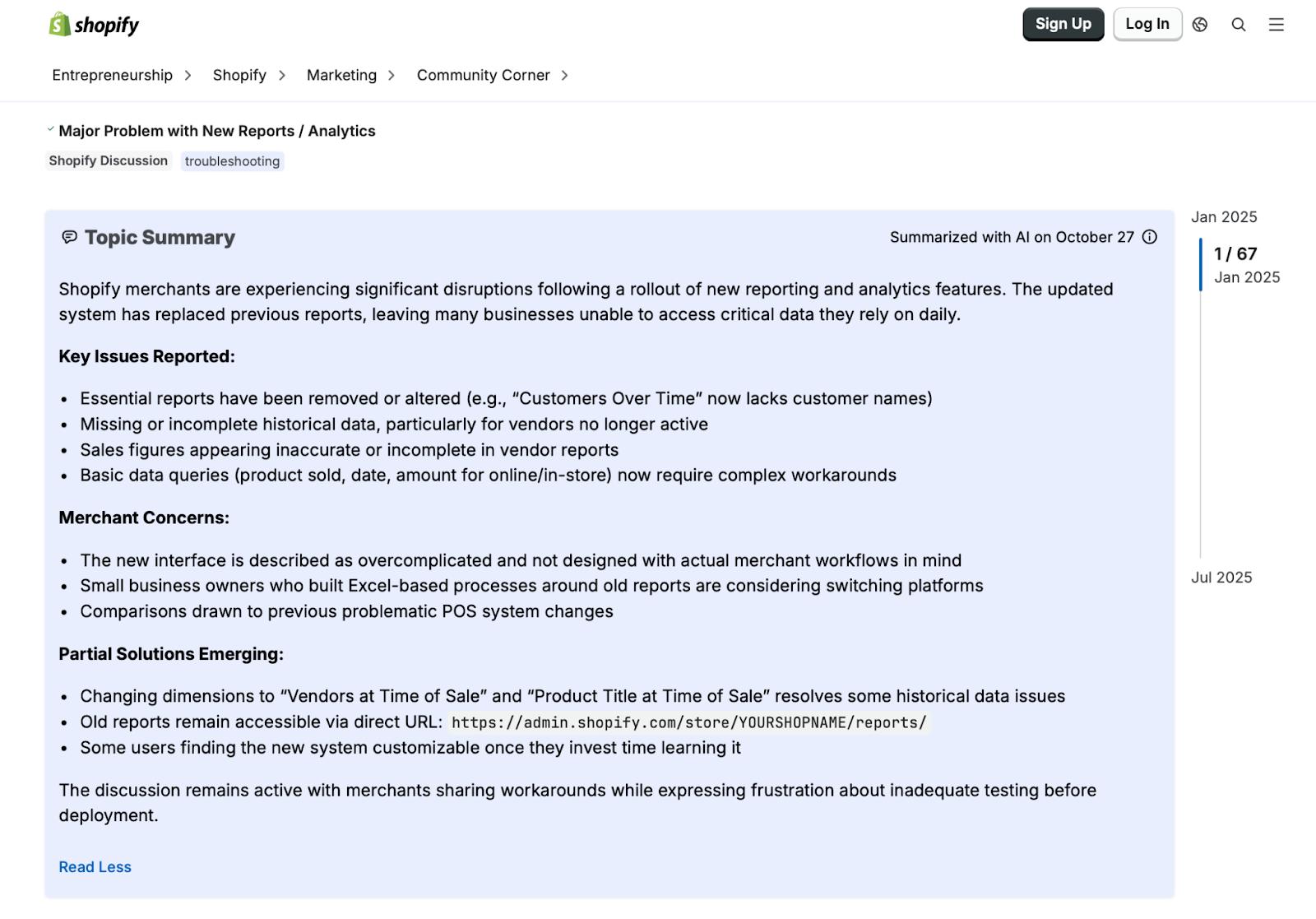 Shopify community tread where customers discuss updated reporting  