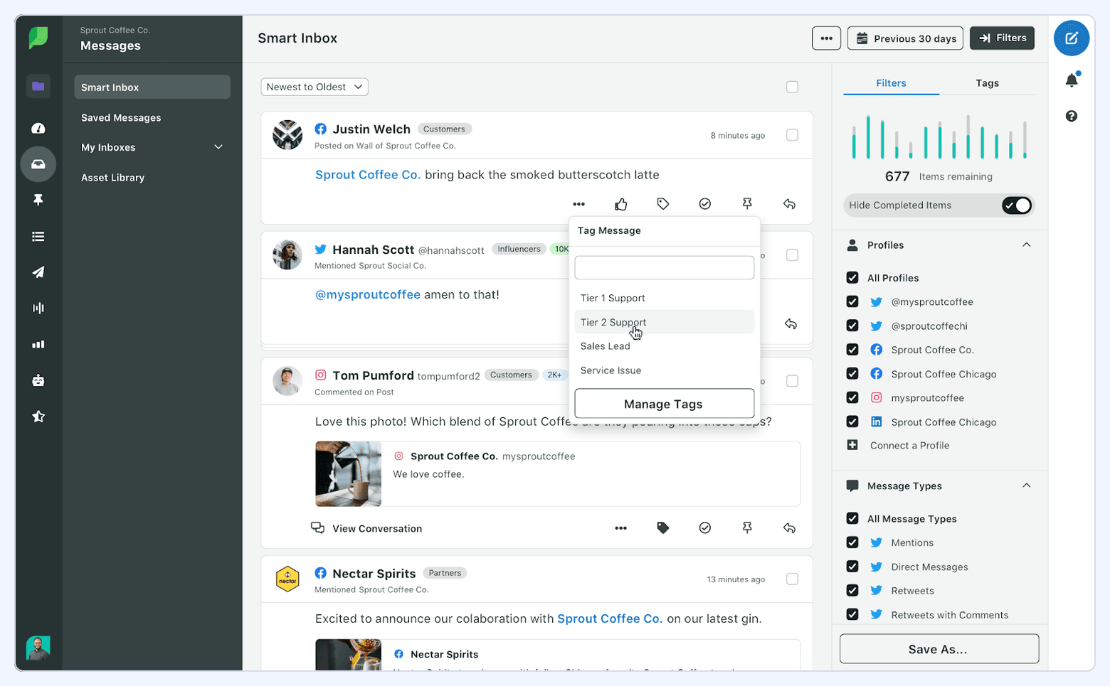 Sprout Social Smart Inbox showing incoming messages, tagging options, and filters for managing social engagement.