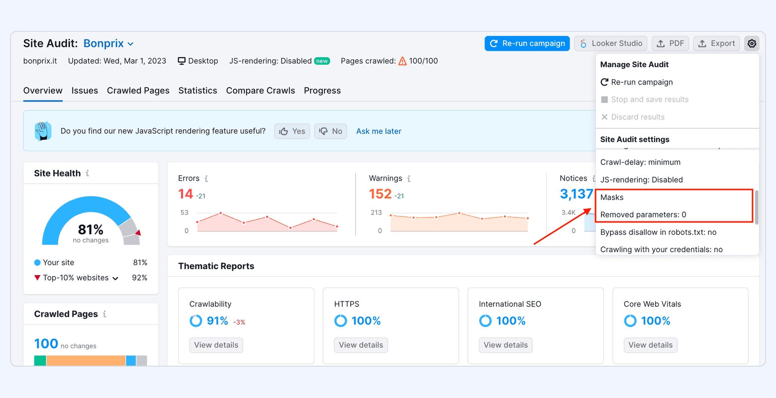 Semrush Site Audit dashboard showing site health score, errors, warnings, notices, and thematic reports such as crawlability and Core Web Vitals.