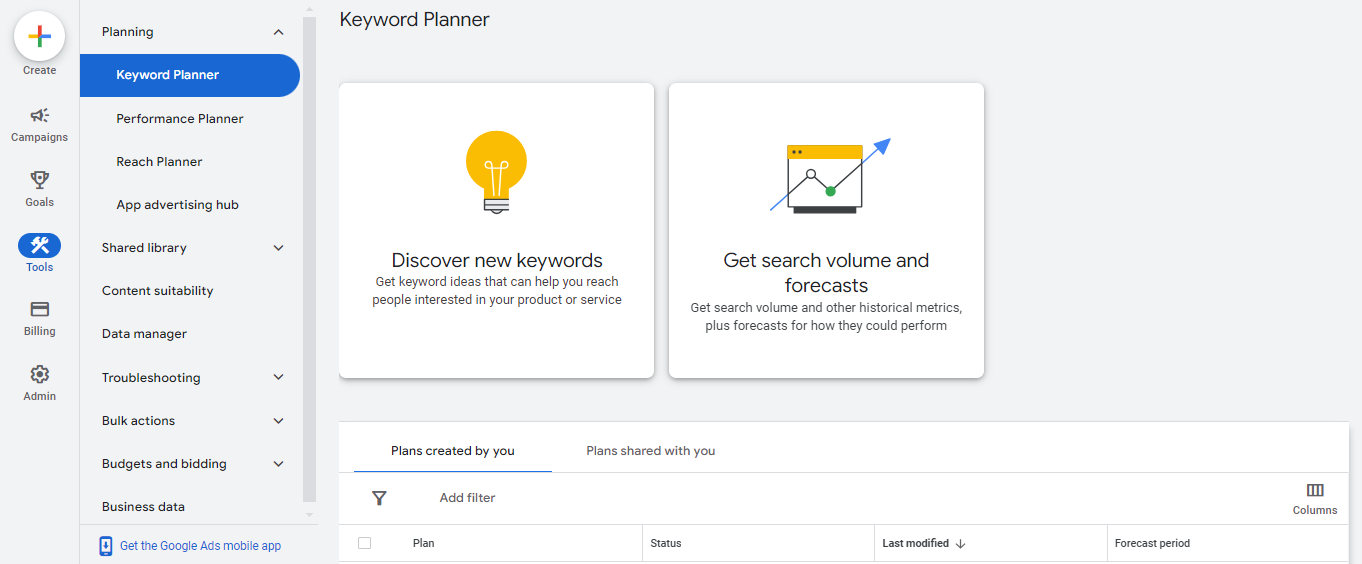 Google Ads Keywork Planner interface
