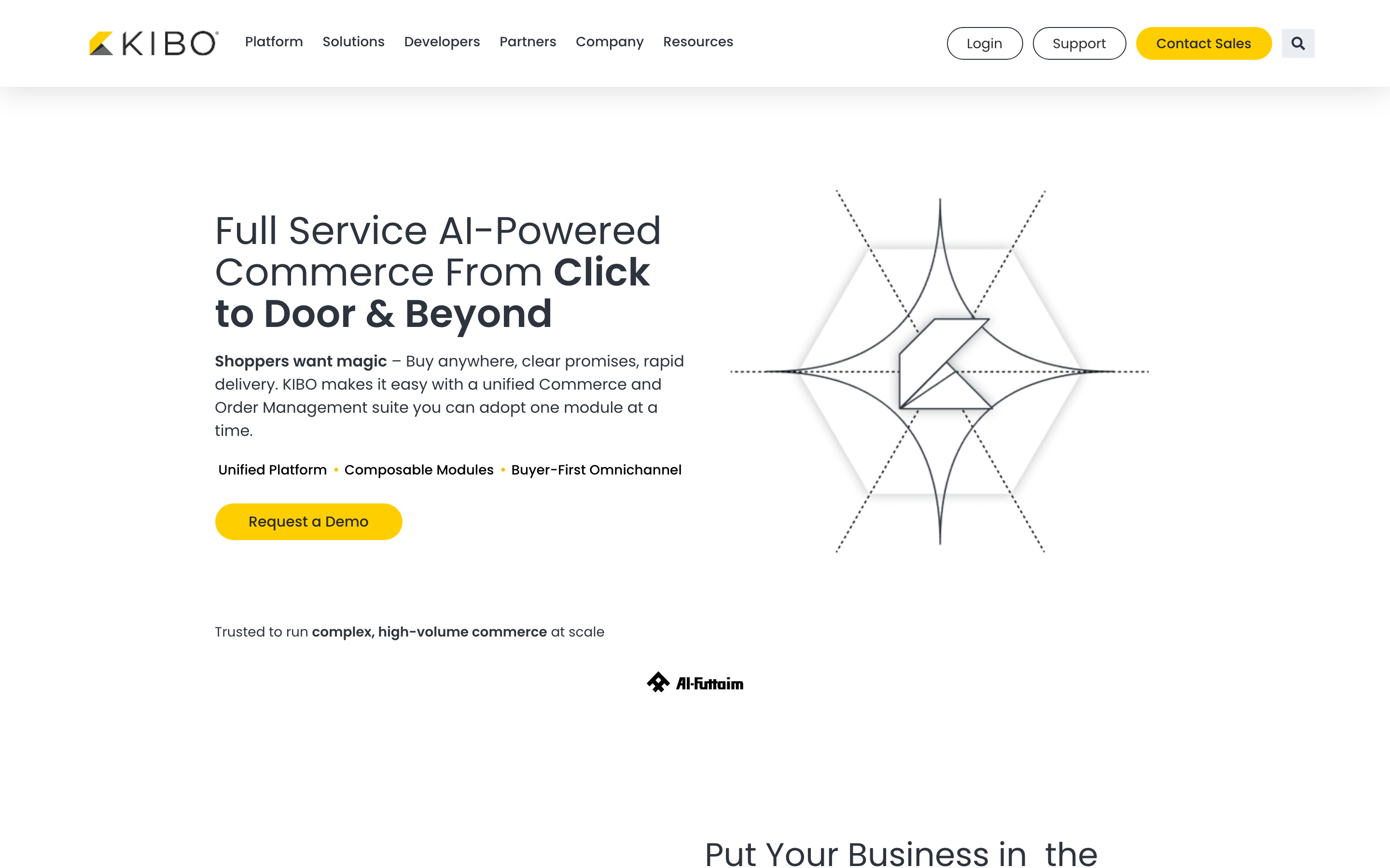 Kibo Commerce homepage — unified commerce platform combining e-commerce, order management, and POS for mid-market retailers