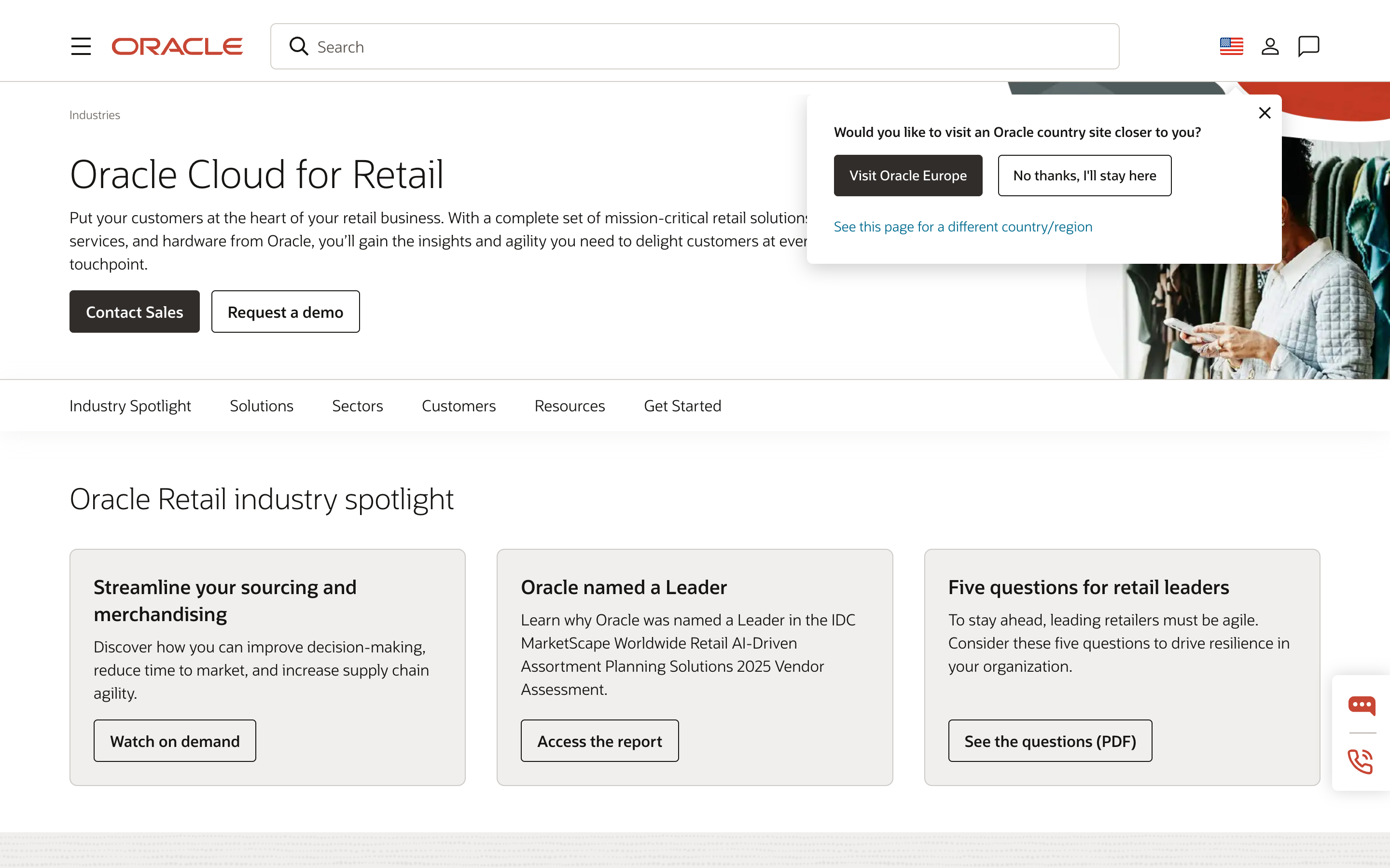 Oracle Retail Cloud homepage — enterprise suite covering merchandising, supply chain, store operations, and customer engagement for multi-location retailers