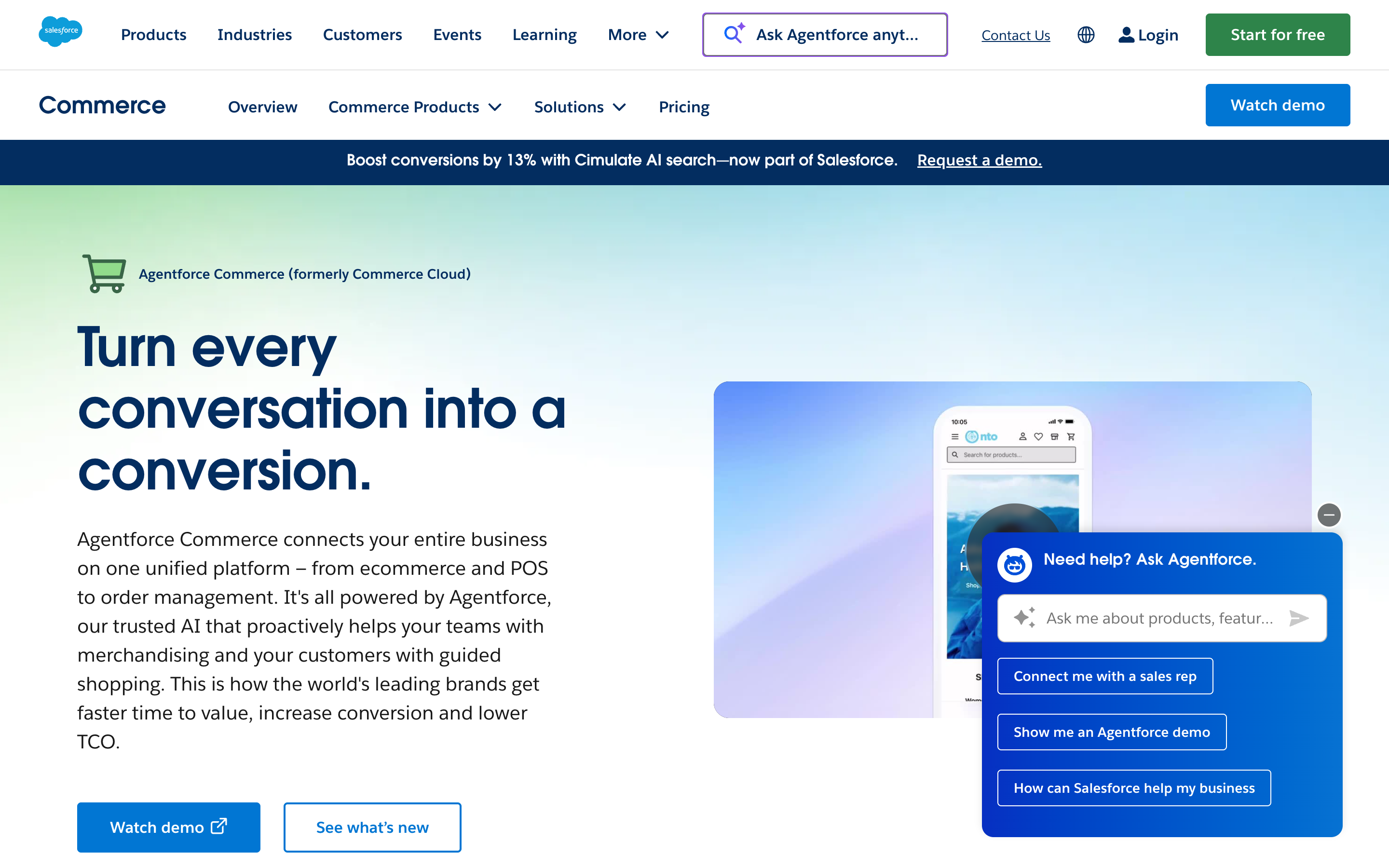 Salesforce Commerce Cloud homepage — unified commerce, CRM, service, and marketing via Customer 360 integration