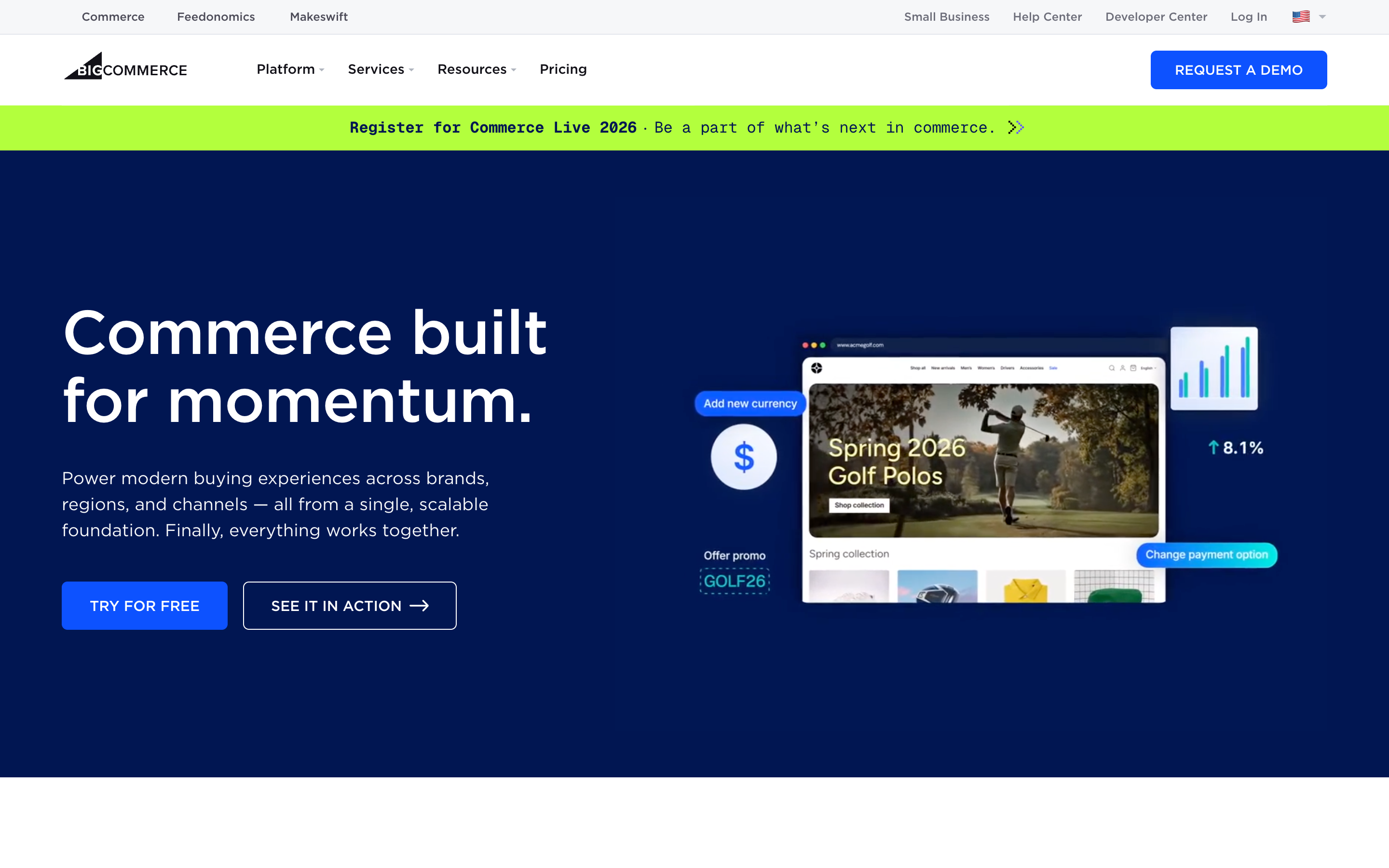 BigCommerce homepage — scalable SaaS e-commerce platform with headless architecture and multi-channel selling for mid-market retailers