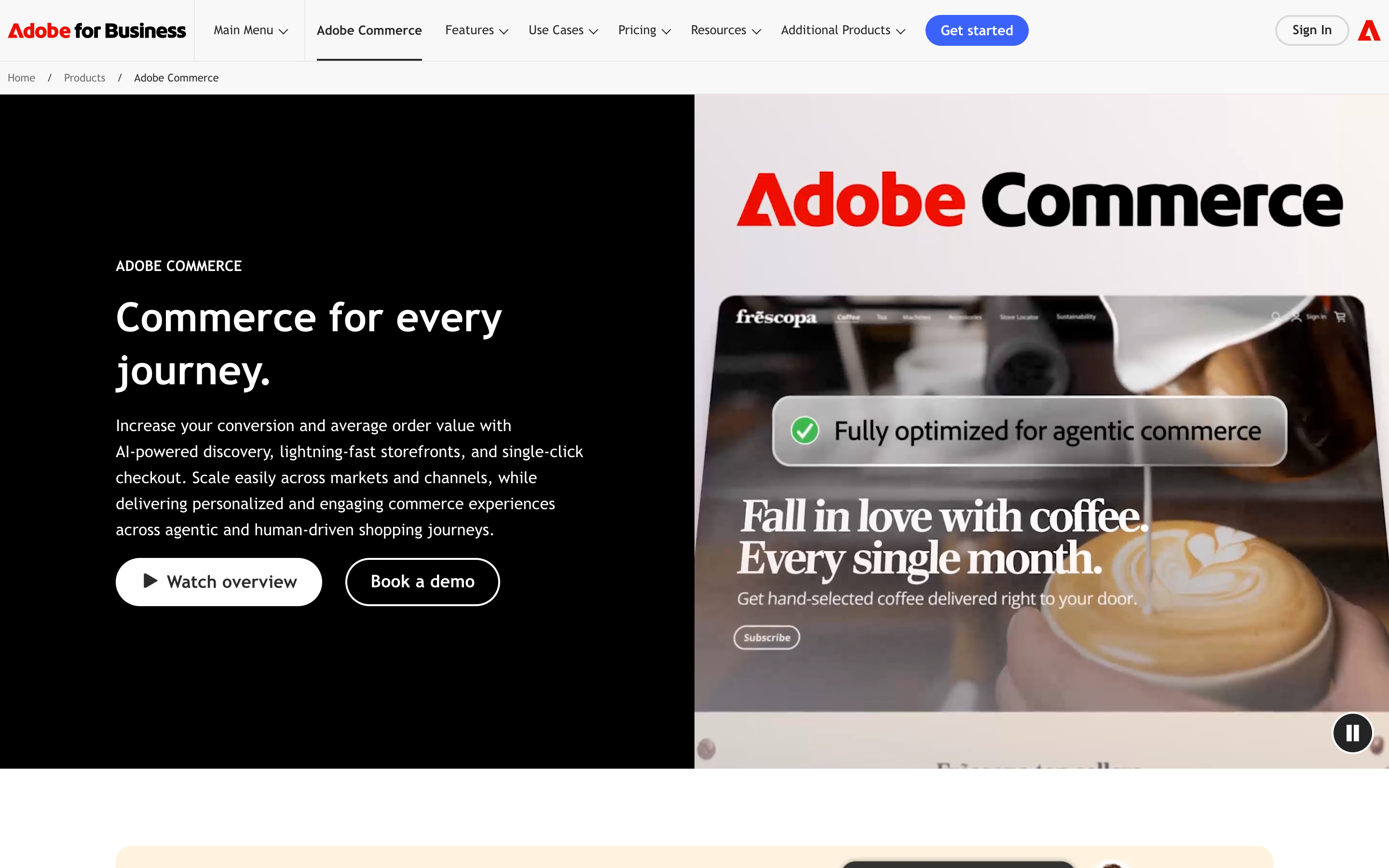 Adobe Commerce (Magento) homepage — flexible open-source commerce platform with deep customization and Adobe Experience Cloud integration