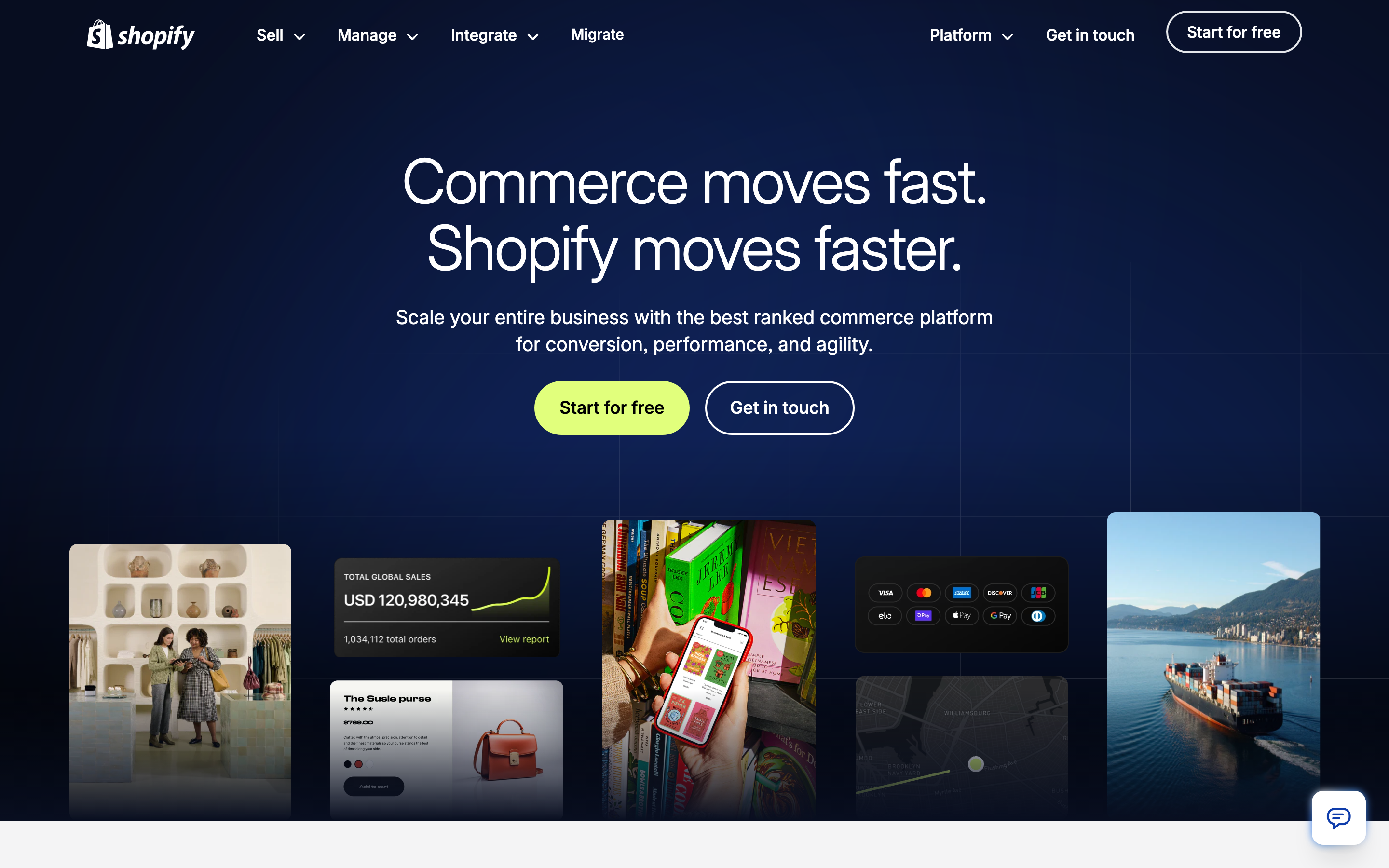 Shopify Plus homepage — enterprise commerce platform with built-in omni channel tools, unified inventory, POS integration, and marketplace selling