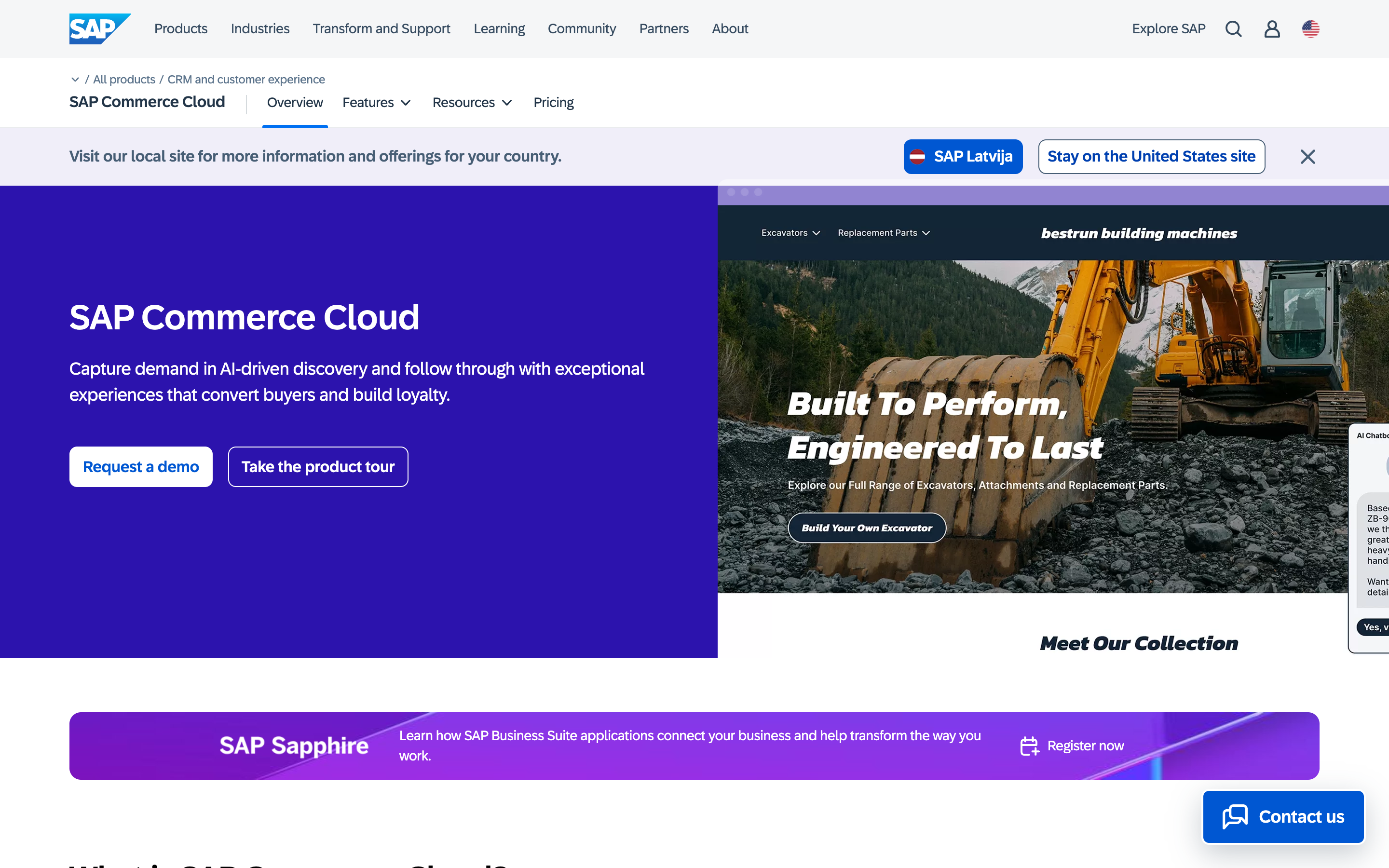 SAP Commerce Cloud homepage — enterprise e-commerce platform for global brands with complex catalogs, multi-currency support, and SAP Customer Experience integration