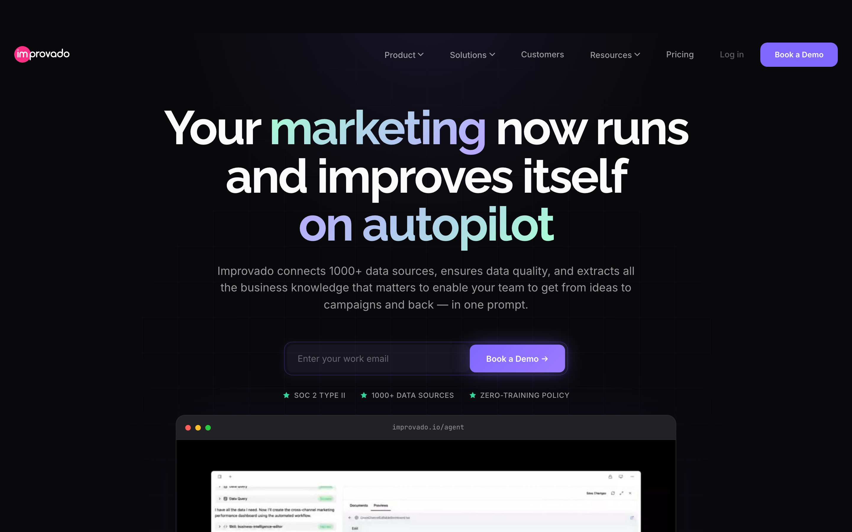 Improvado AI Agent — unified marketing analytics platform homepage screenshot