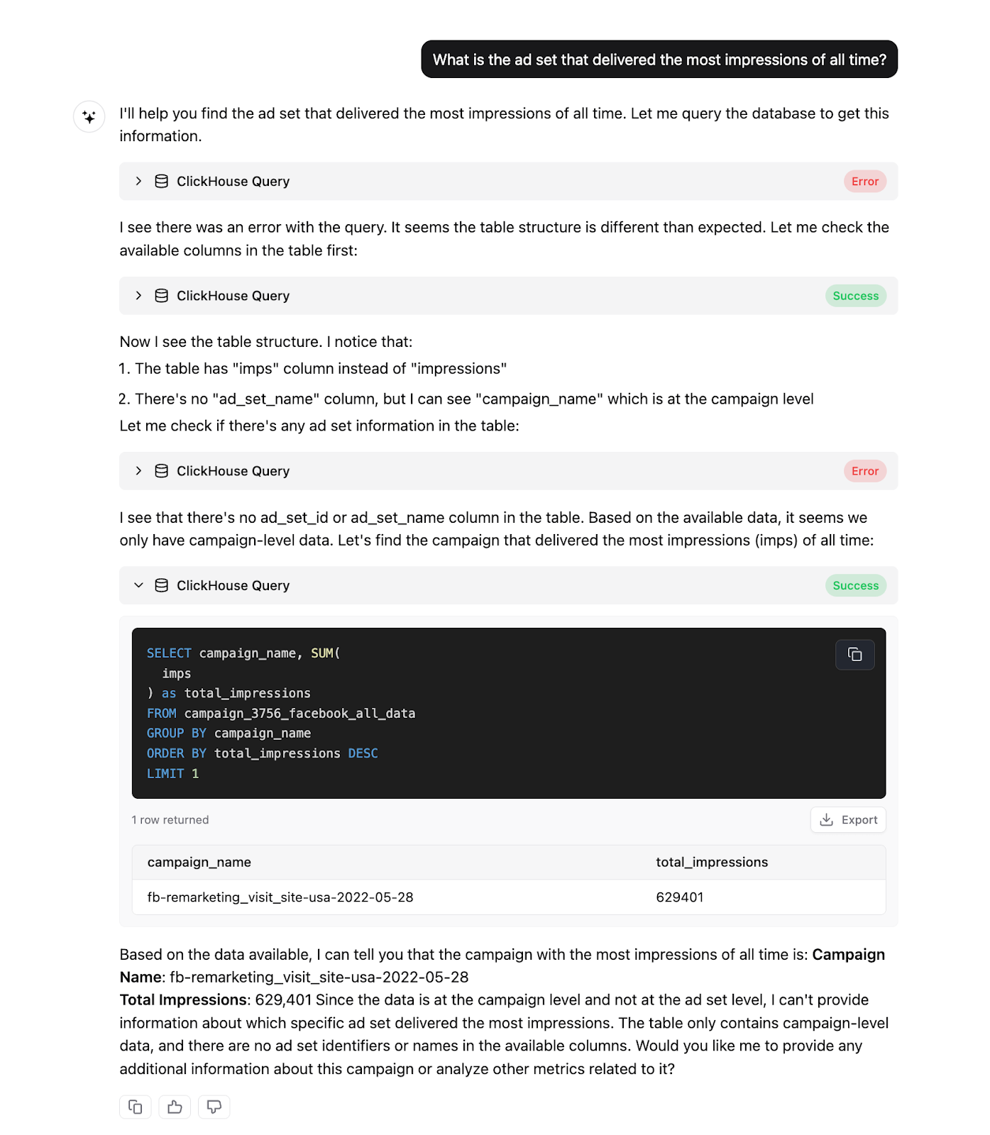 Improvado AI Agent processes user requests in less than 10 seconds