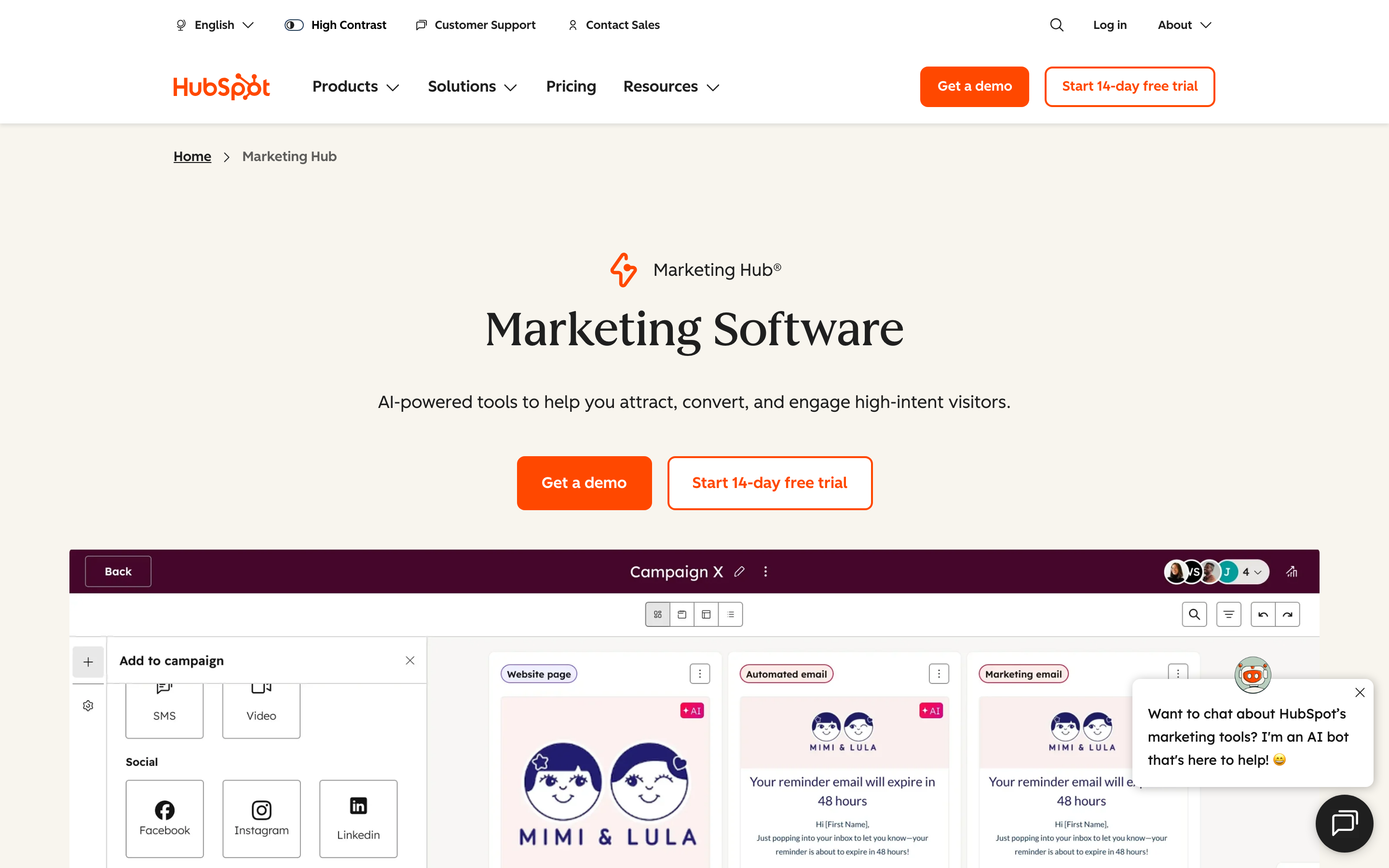 HubSpot Marketing Hub dashboard — campaign reporting, contact management, and lifecycle stage tracking