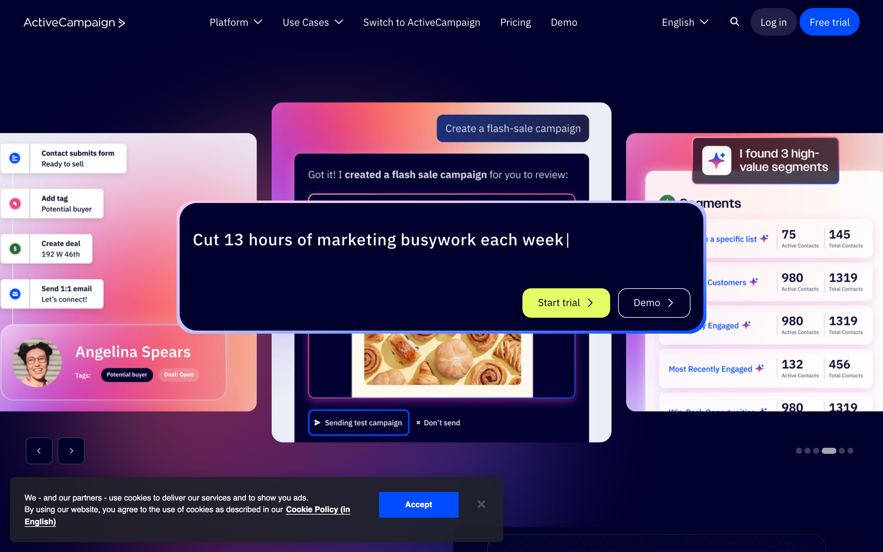 ActiveCampaign dashboard — email automation, CRM pipeline, and deal tracking interface