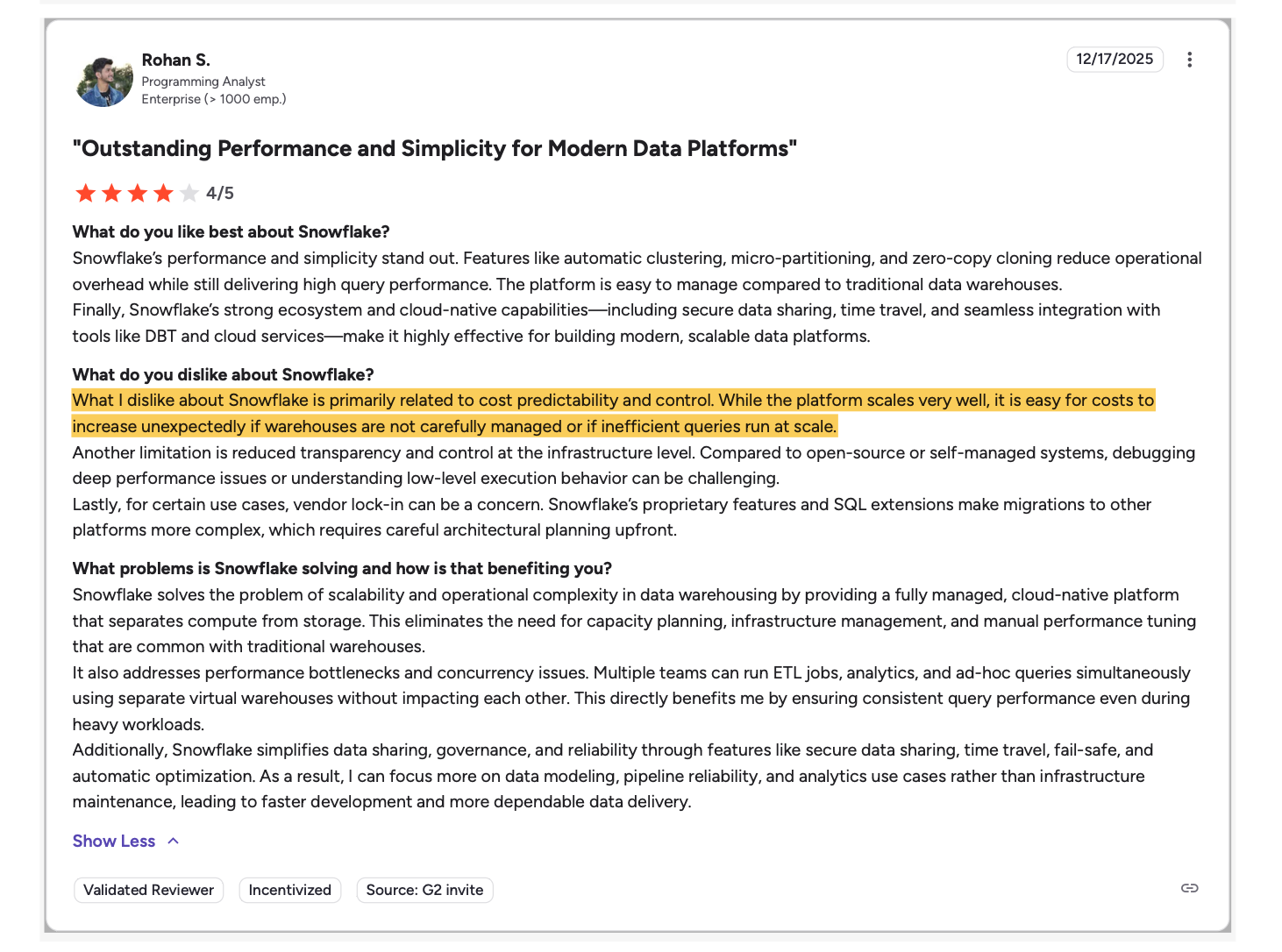 G2 user review highlighting Snowflake’s performance strengths and cost considerations.
