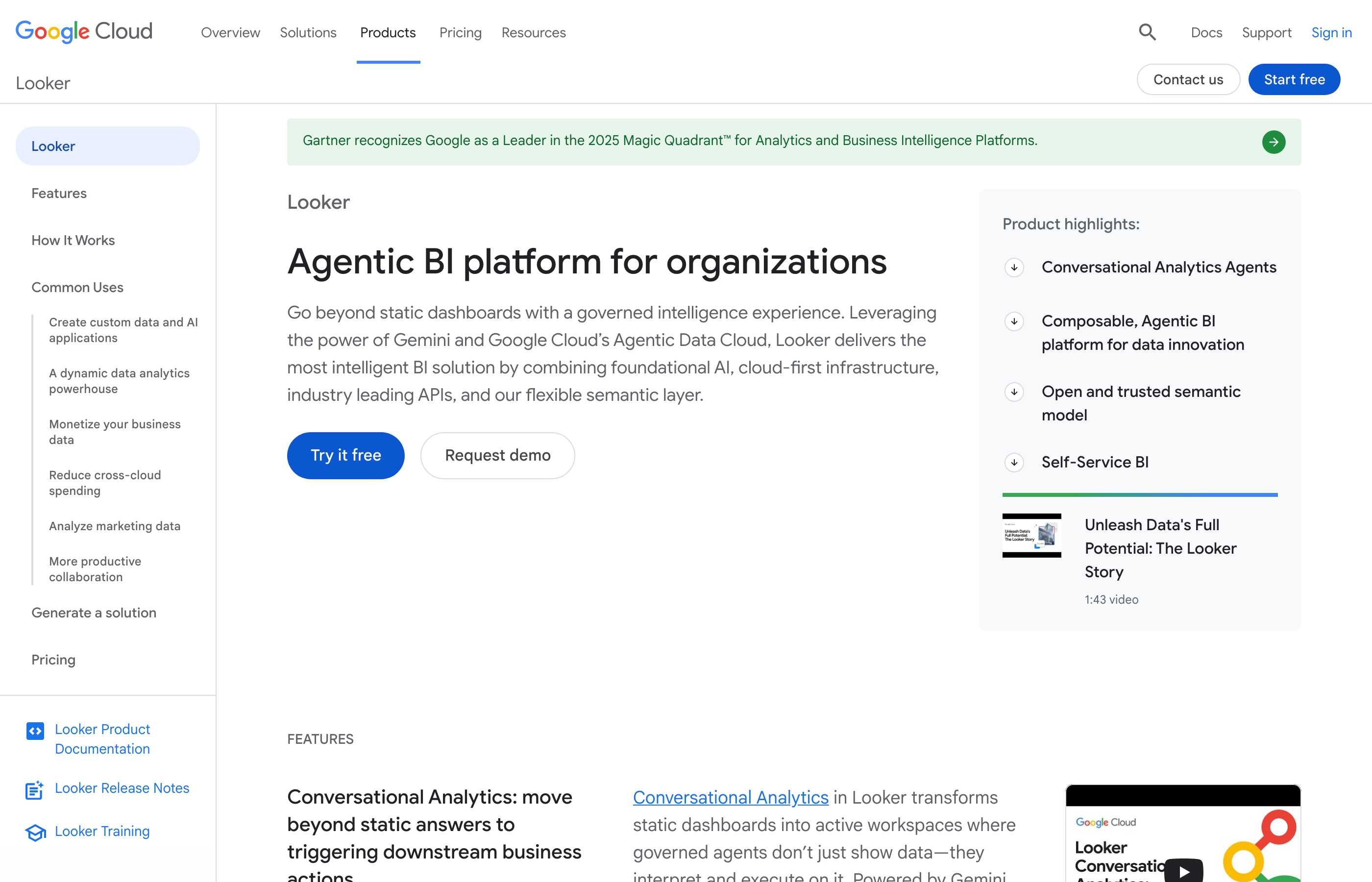 Google Cloud Looker product page showing the Looker hero with messaging on BigQuery-native analytics and Gemini AI integration.