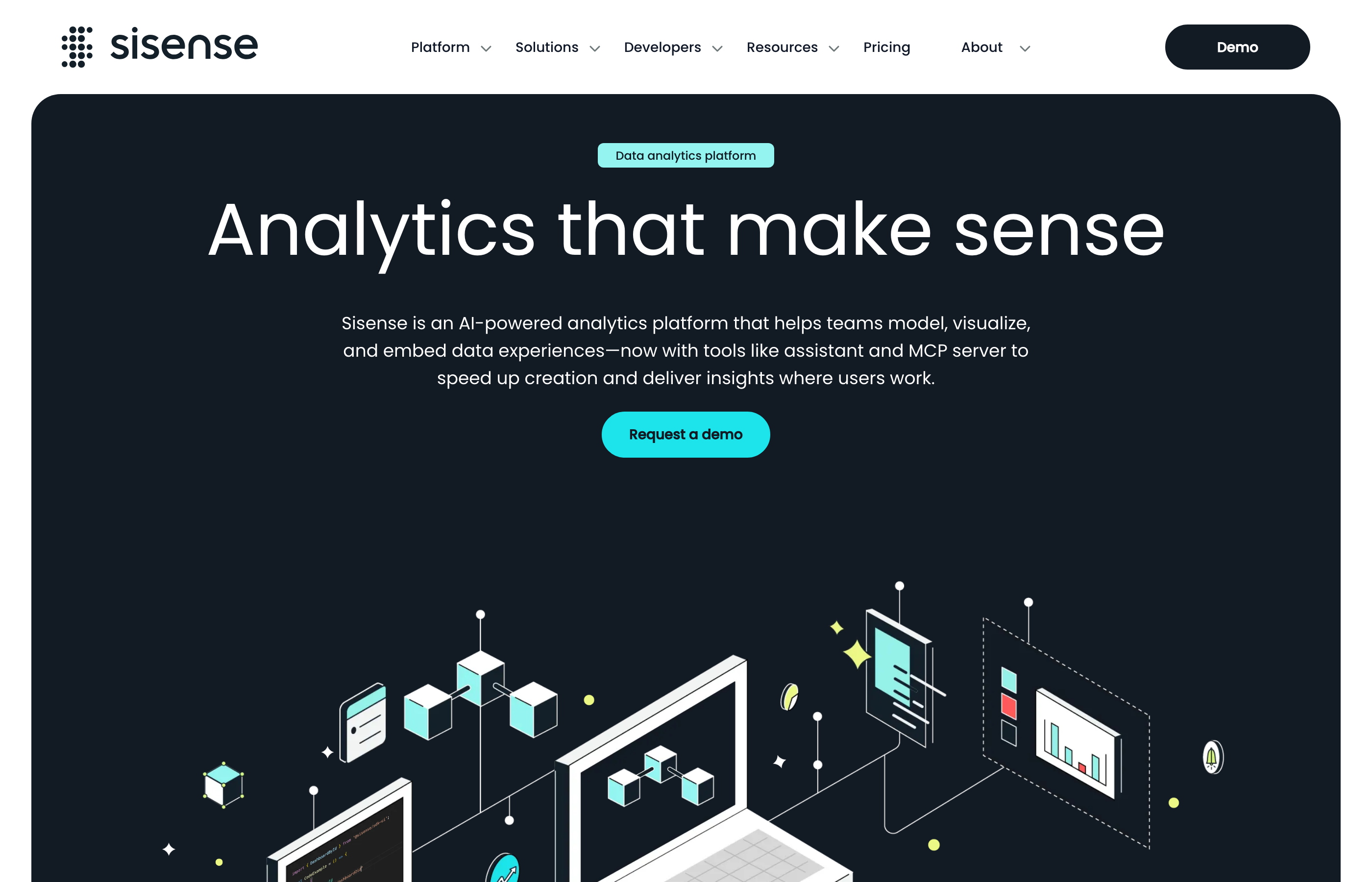 Sisense homepage showcasing the embedded analytics platform with ElastiCube in-memory engine messaging.