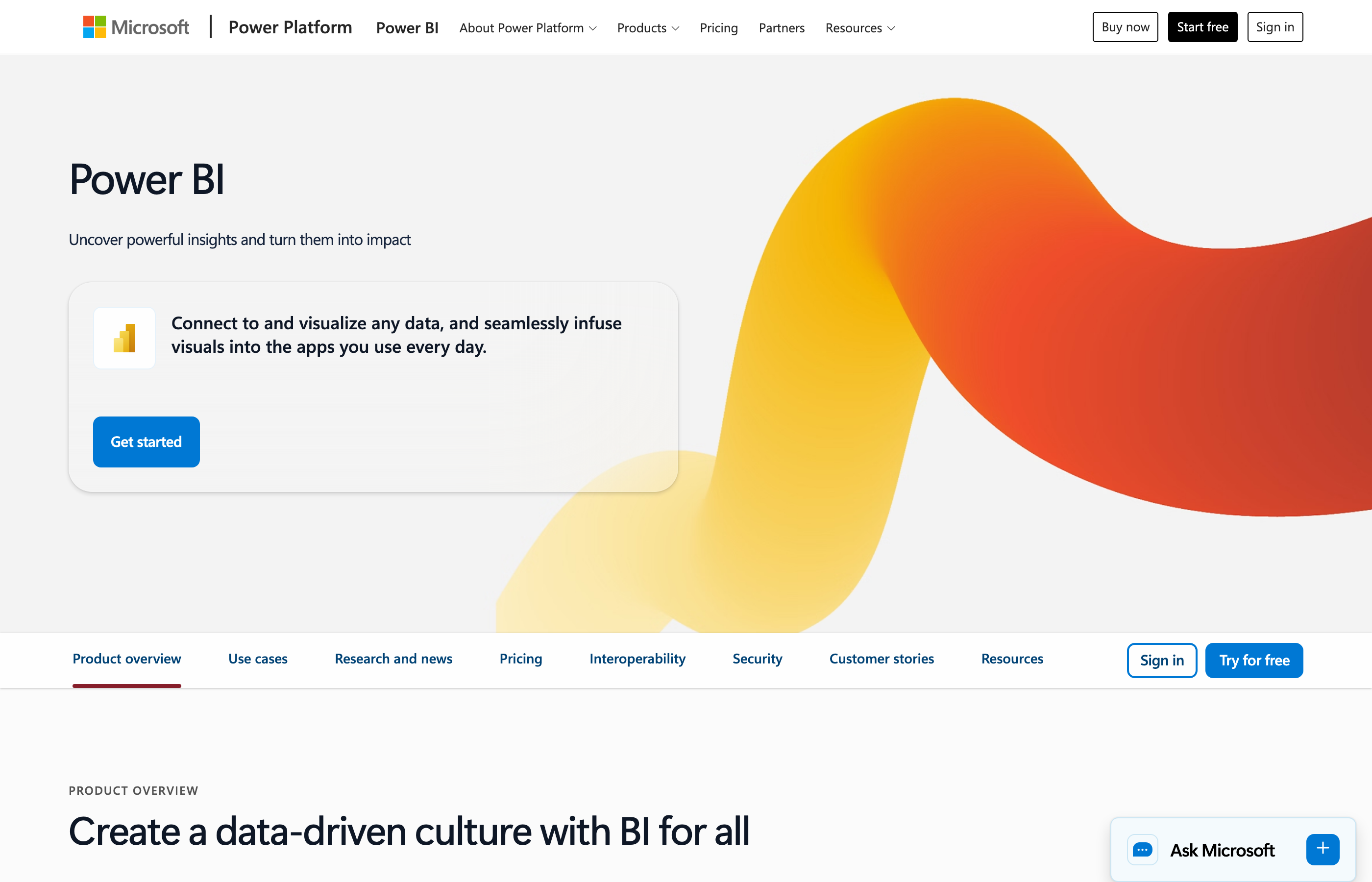 Microsoft Power BI product page showing the Power BI hero with Copilot AI integration messaging and Microsoft 365 trust signals.