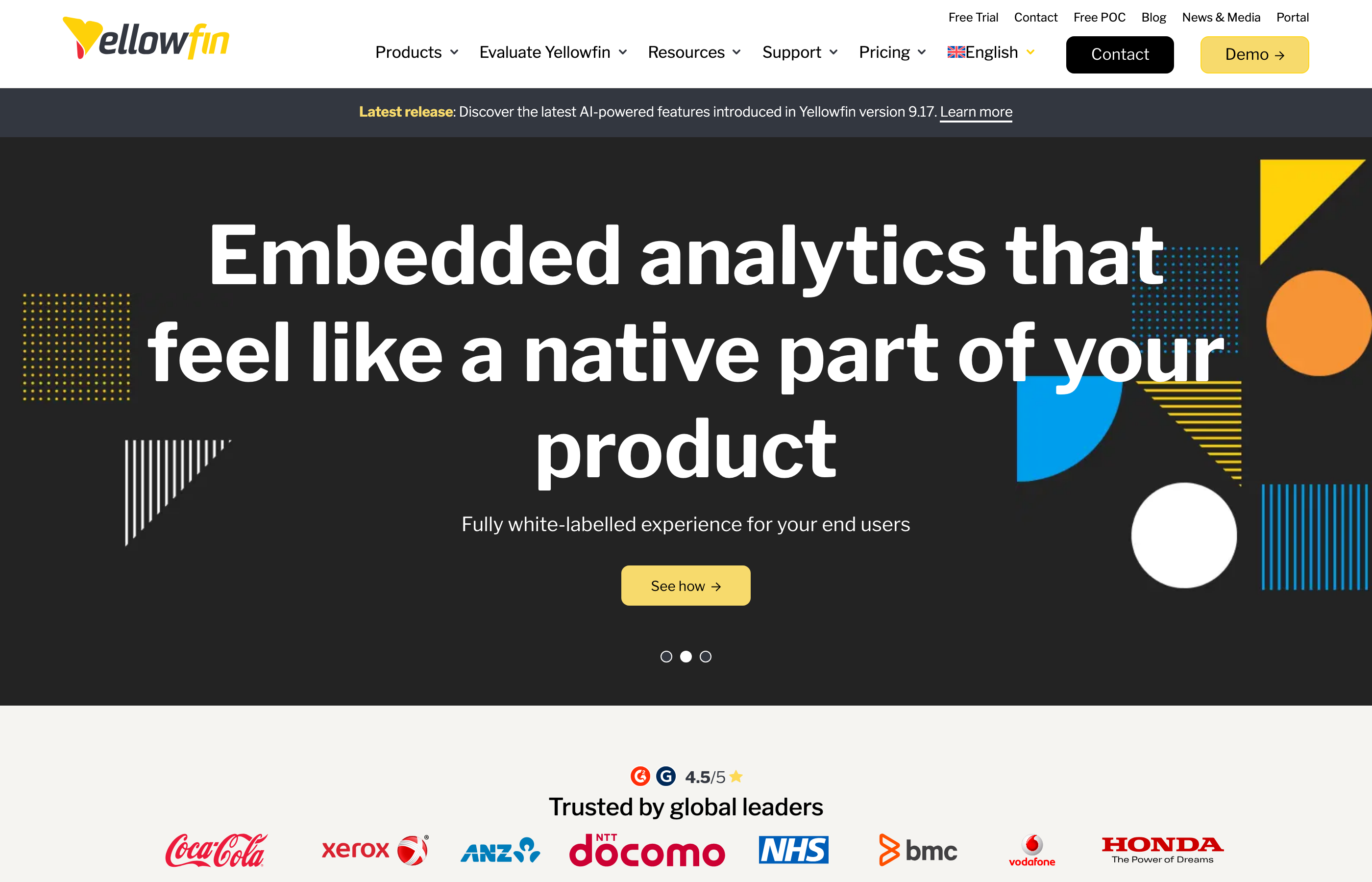 Yellowfin homepage showing the collaborative analytics platform with Stories narrative analytics feature.