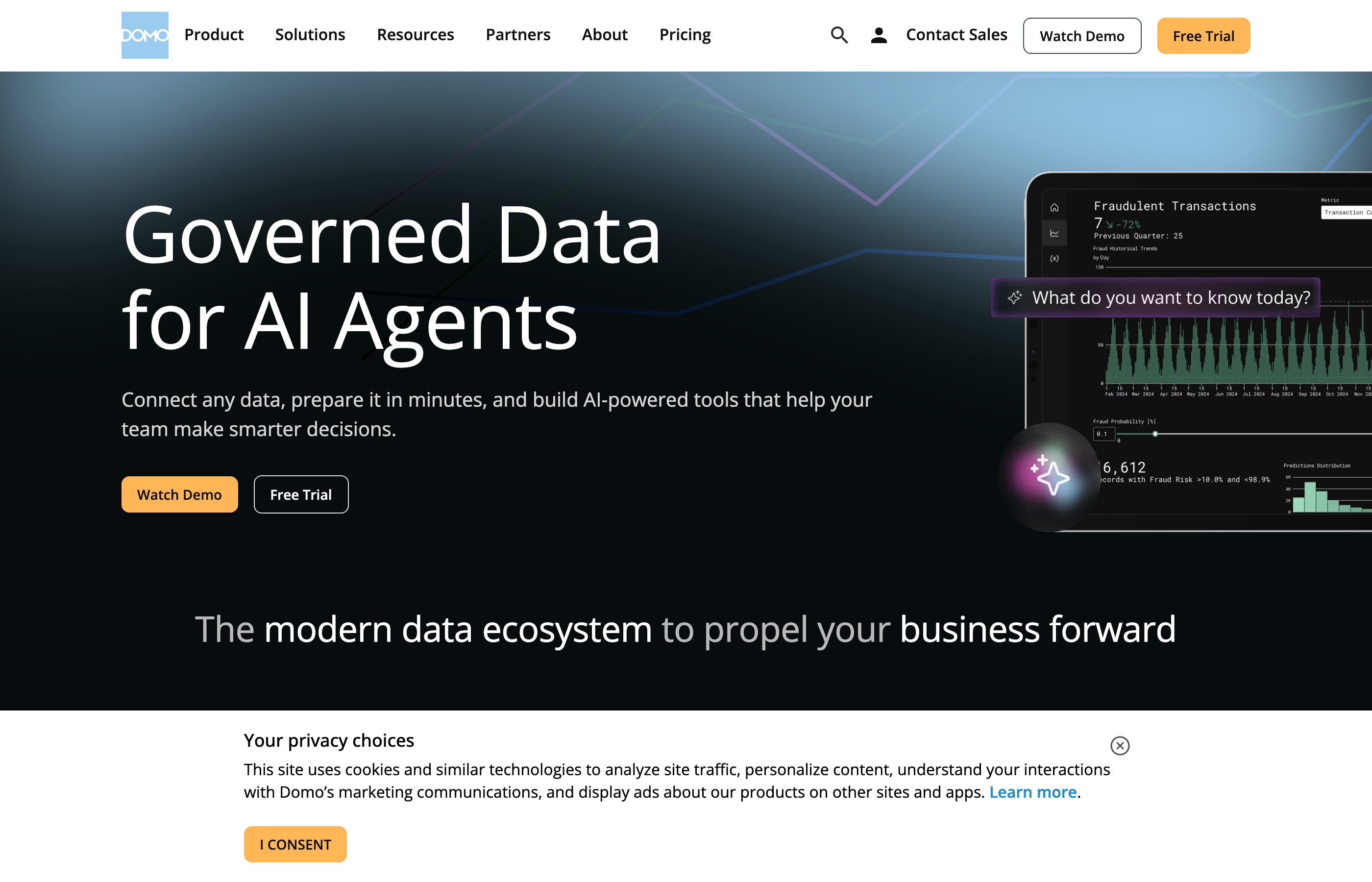 Domo homepage hero showcasing the app-centric BI platform with marketing connector messaging.