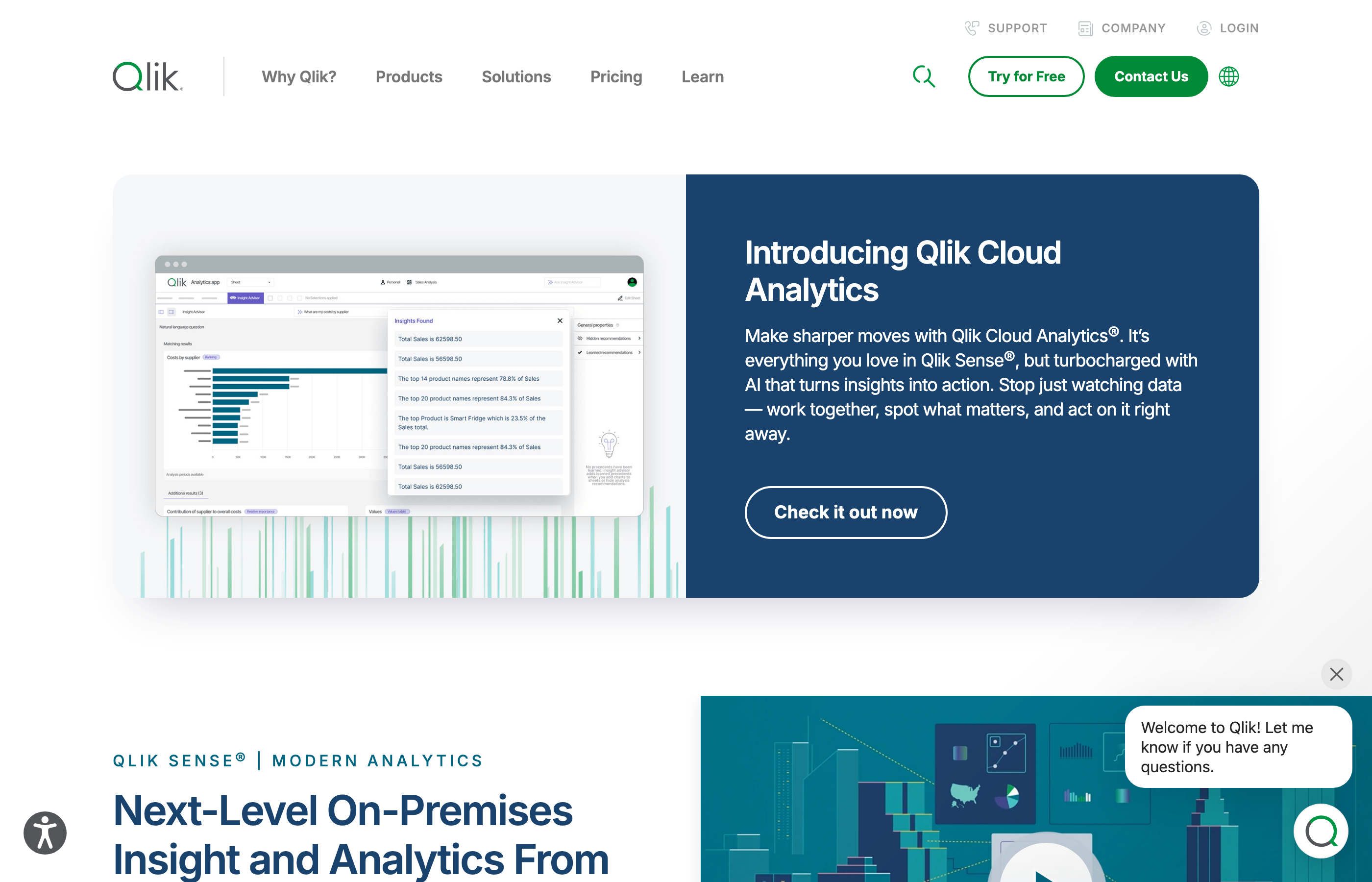 Qlik Sense product page showing the associative analytics platform with Insight Advisor AI messaging.