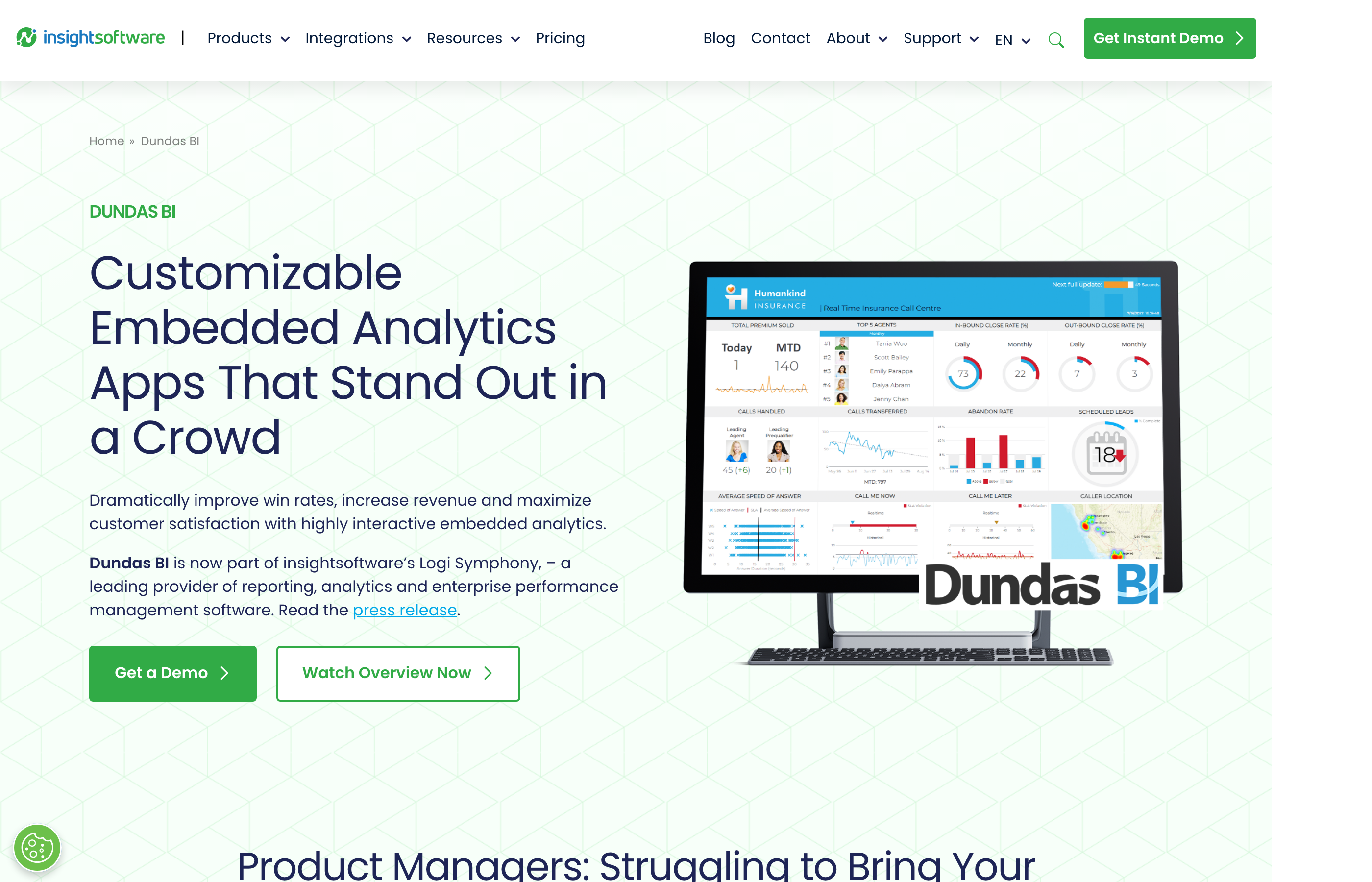 Dundas BI homepage showcasing the on-premise analytics platform with full visual customization messaging.