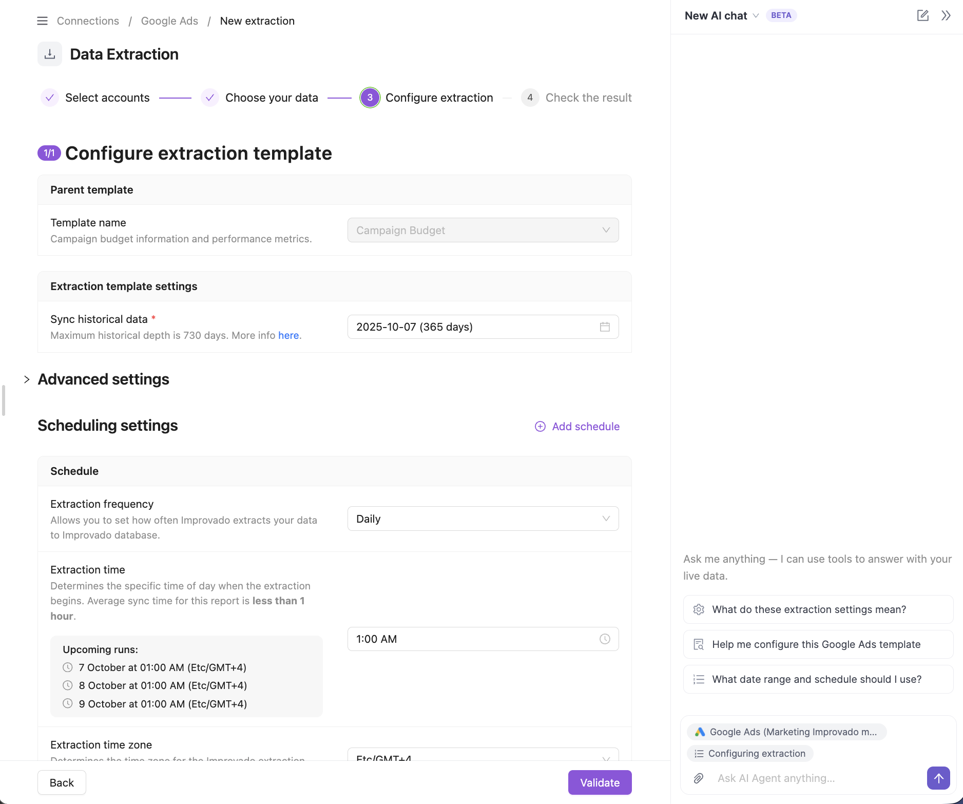 AI Agent beside extraction settings, with prompts for template configuration, date range, and schedule