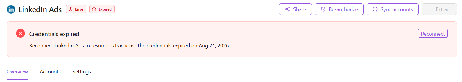 A LinkedIn Ads connection with red Error and Expired tags and a red Credentials expired banner with a Reconnect button