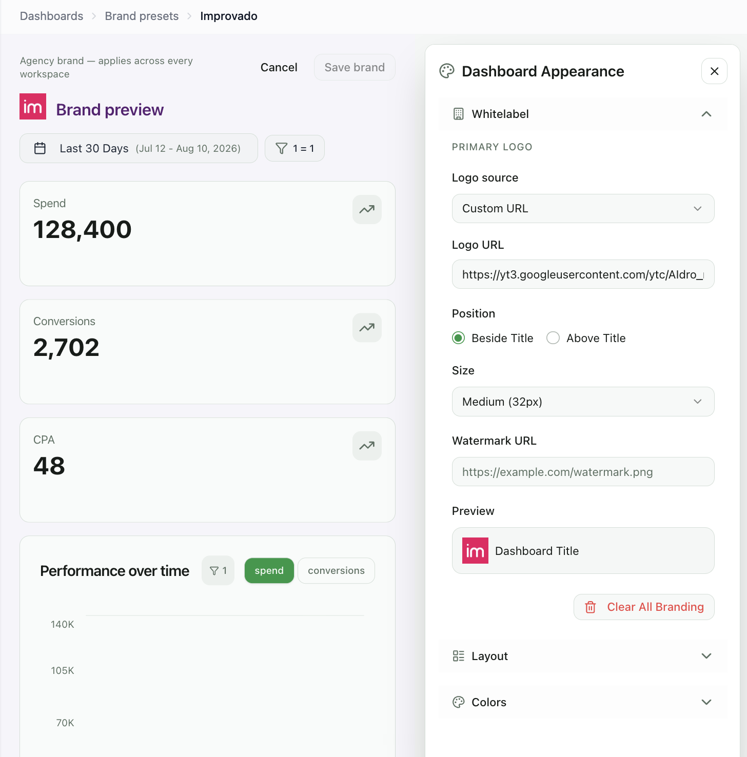 Brand editor: a preview dashboard on the left, the Dashboard Appearance panel with logo and colour settings on the right