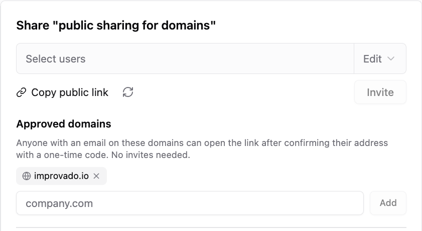 Share panel with the Approved domains section — a domain added as a chip, and an input for adding another
