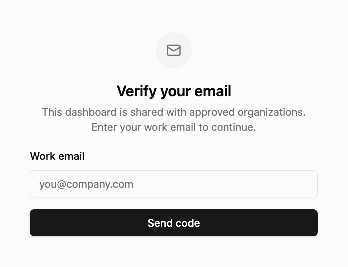 Viewer screen: Verify your email, with a work email field and a Send code button