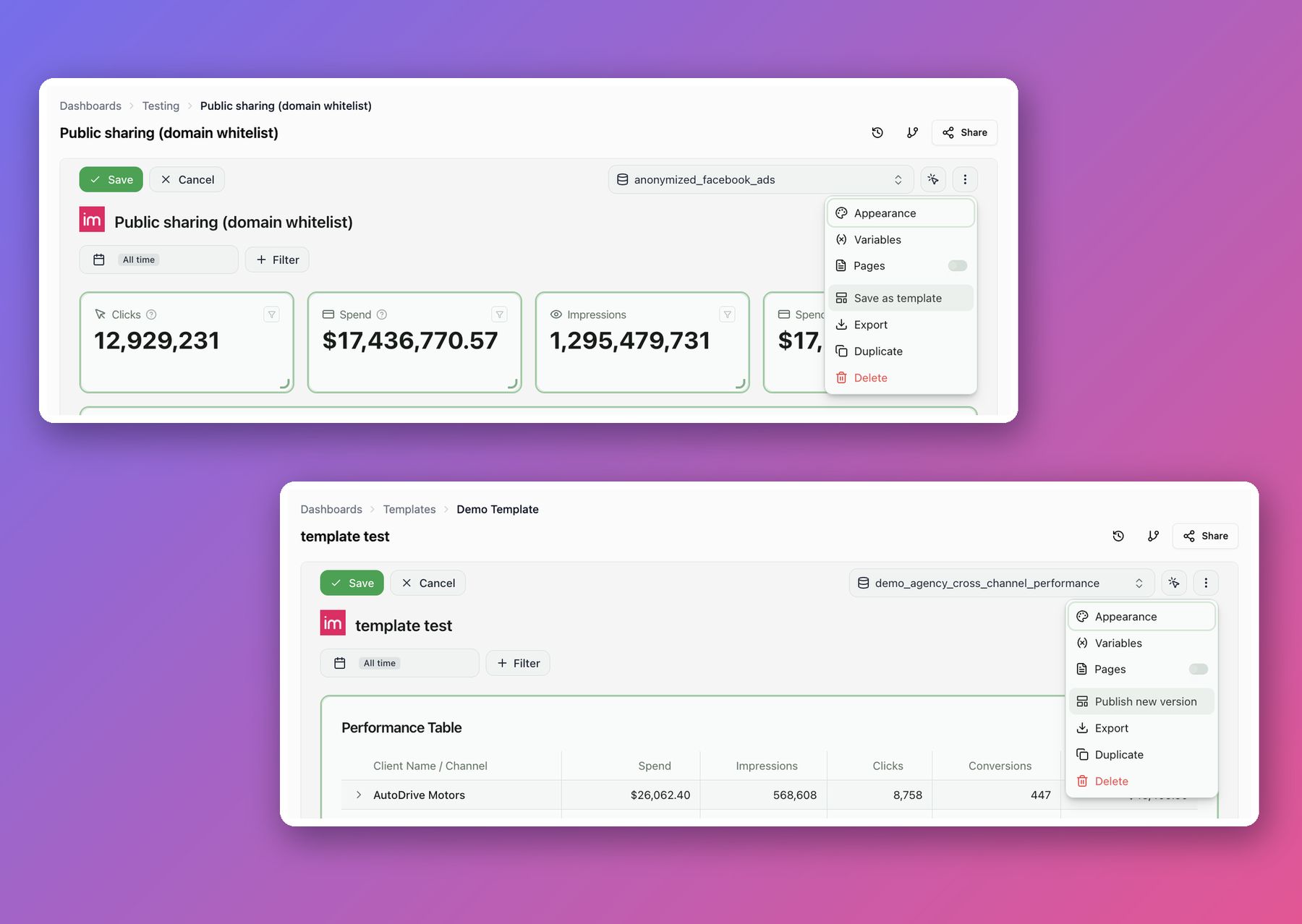 Two dashboard menus side by side: one offering Save as template, the other, on a published template, offering Publish new version