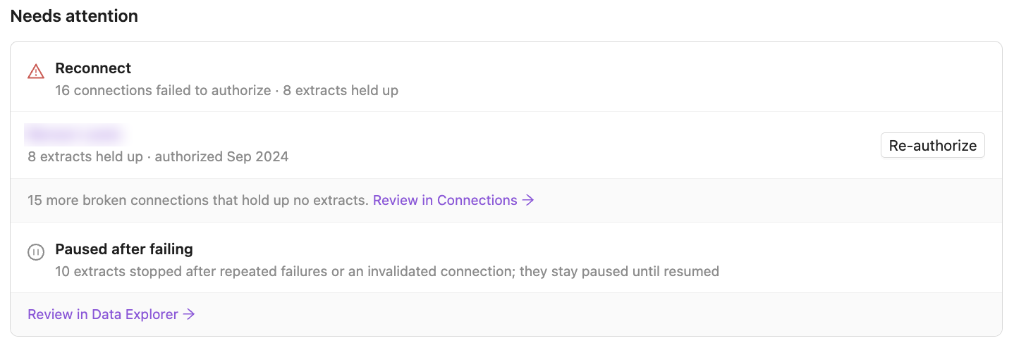 Needs attention with a Reconnect section listing a broken connection and a Re-authorize button, and a Paused after failing section