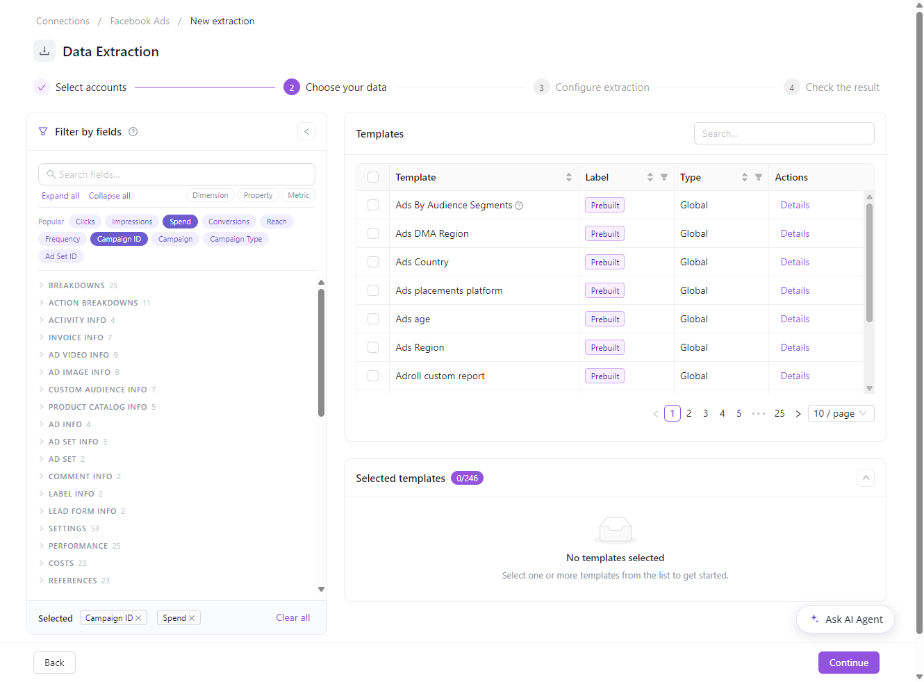 Filter by fields panel in Step 2 of the extraction flow - search fields, add popular ones, filter by field type, and narrow the template list to matching templates