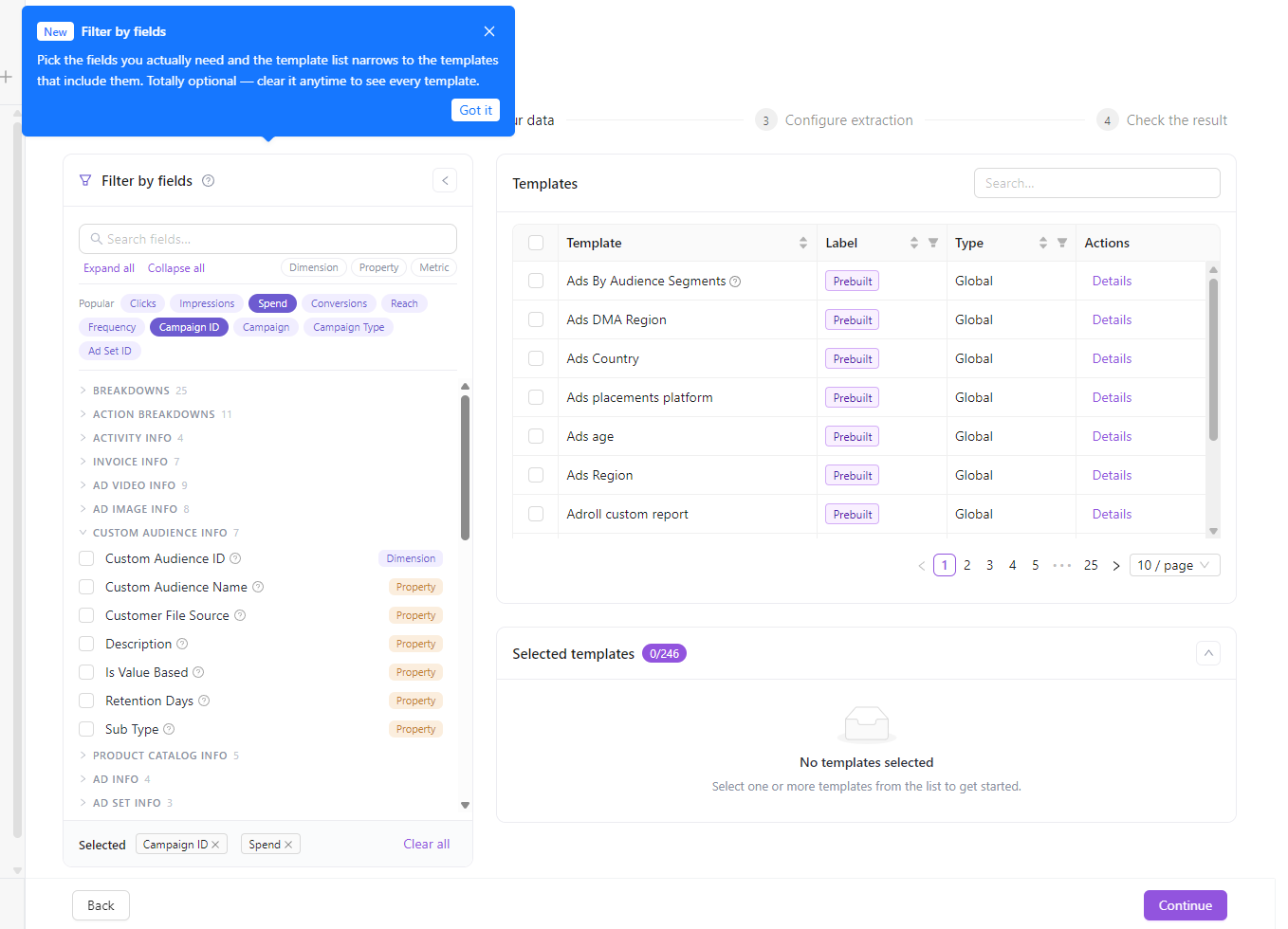 Filter by fields in Step 2 “Choose your data” — search fields, add popular ones as chips, filter by field type, and narrow the template list to matching templates