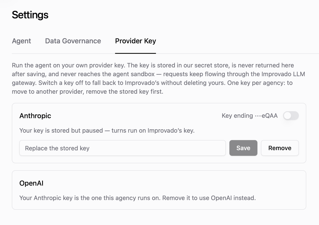 The Provider Key tab in Settings, showing a stored Anthropic key with its last characters, a switch to pause it, and an OpenAI card below