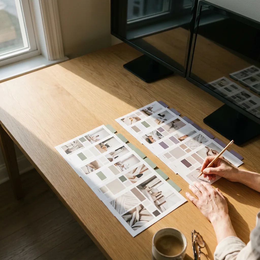 A paid-media analyst at a desk reviewing a wall of ad creatives